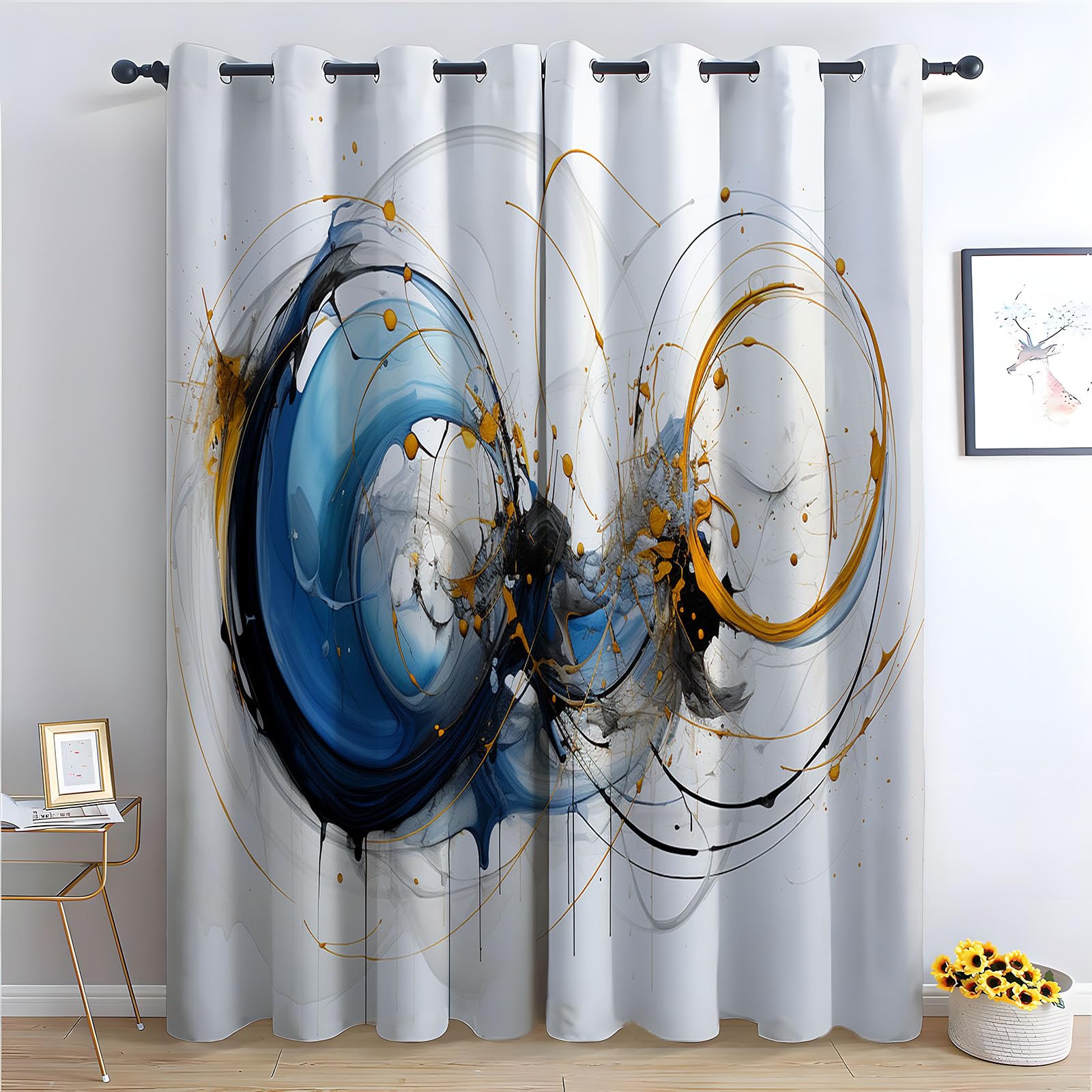 WQBQKKX Abstract Line Curtains Elegant Living Room & Bedroom Decor Drapes, Thermal Insulated Eyelet White Window Treatments-52 W x 84" L (Pack of 2)