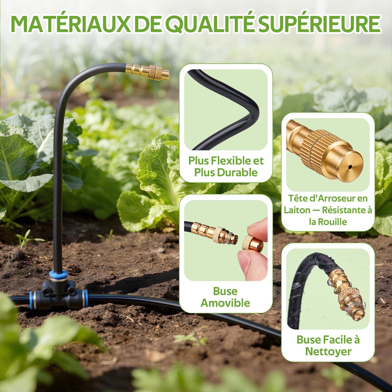 HIRALIY Tuyau d'arrosage de, buses en laiton réglables à 360°, système d'irrigation goutte à goutte 1/4", système d'irrigation de jardin pour jardin, balcon, plate-bande surélevée, serre et (10M)