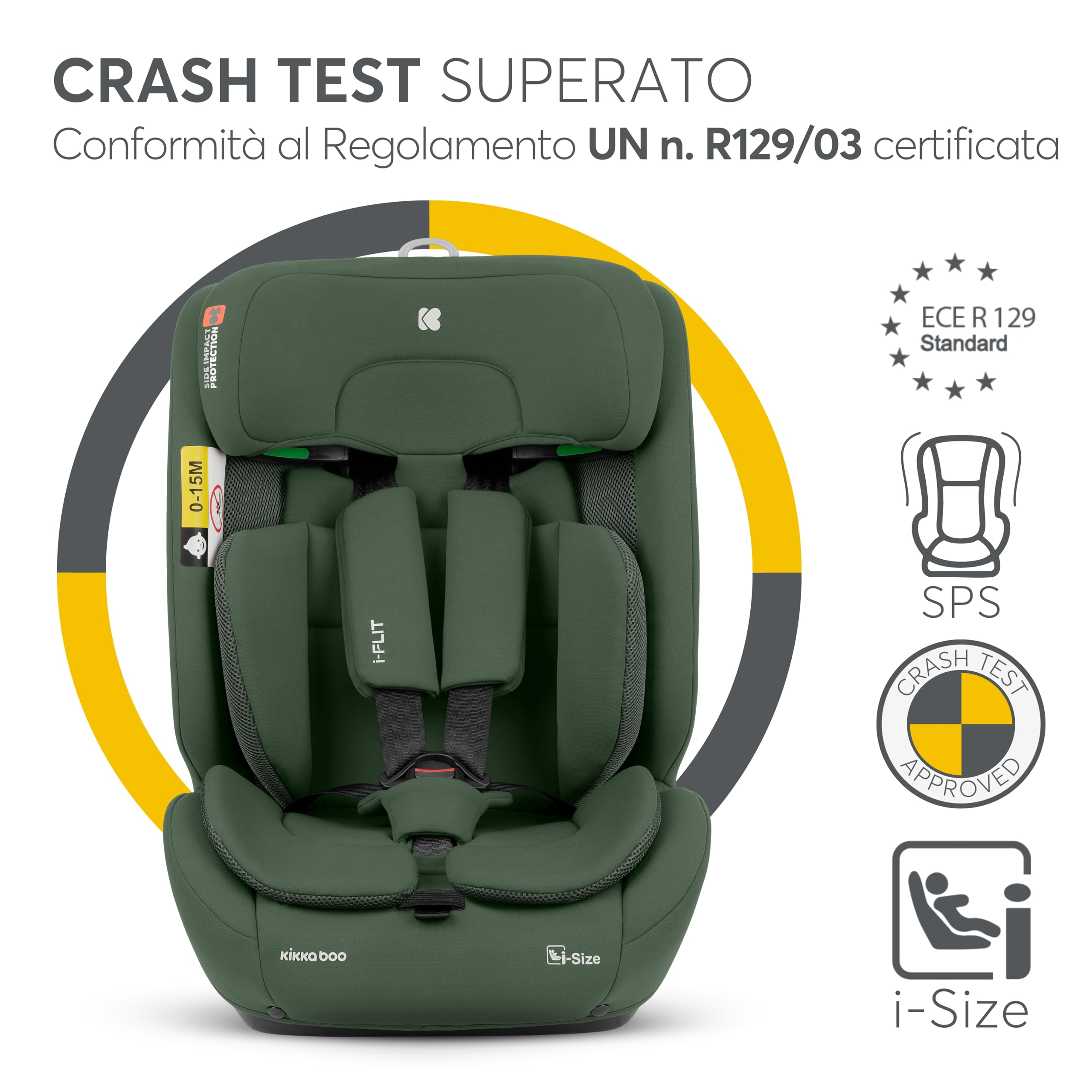 KikkaBoo i-Size i-FLIT, Seggiolino Auto 9-36 kg ISOFIX – Gruppo 1/2/3, Reclinabile, da 15 mesi a 12 anni, Protezione SPS, Top Tether, Poggiatesta Regolabile, Verde militare