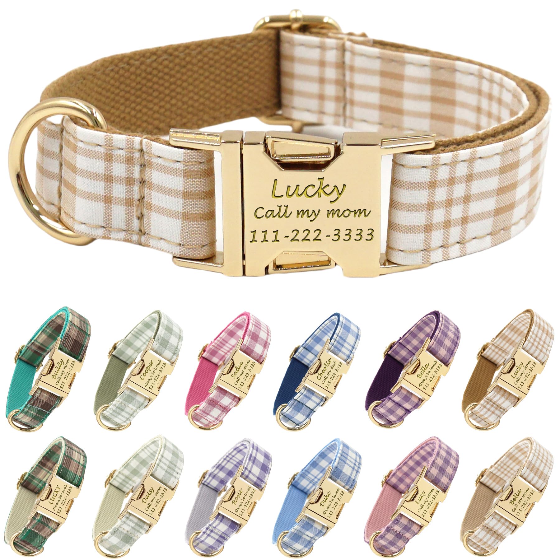 PETDURO Personalized Dog Collar Brown Plaid for Large Medium Dogs | Engraved Name and Pho…