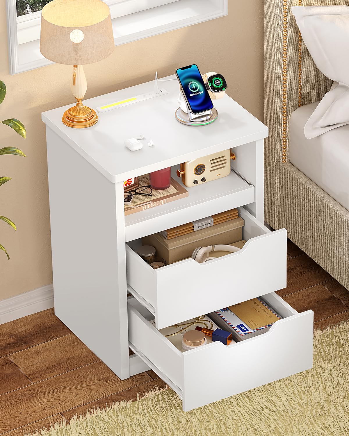 TEENFON Set de 2 Tables de Chevet avec Éclairage LED 3 Couleurs et Charge Rapide USB/Type-C – Chevet de Lit ainsi que Table de Nuit Moderne avec Plateau Coulissant et 2 Tiroirs, pour Chambre et Salon,