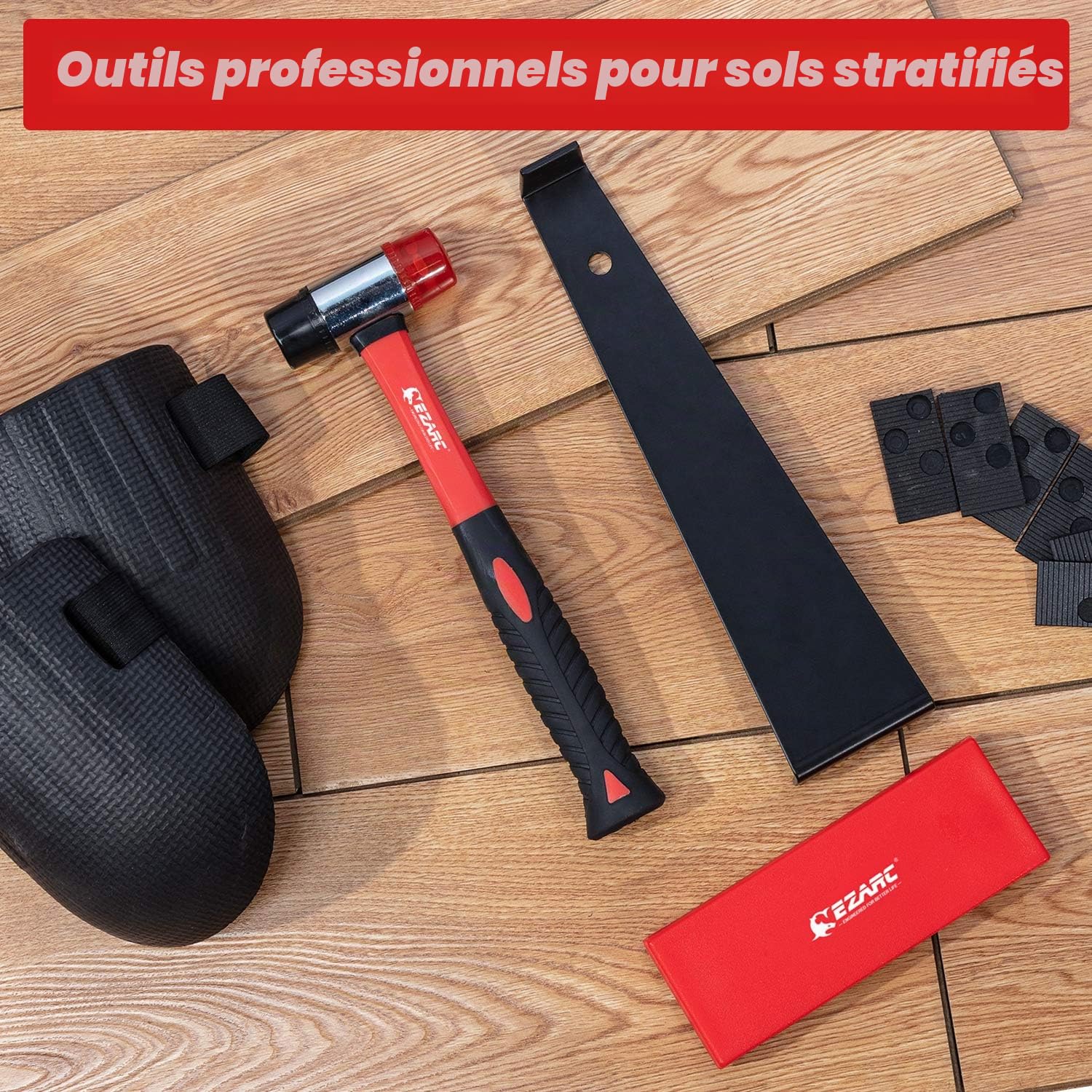EZARC Kit d'installation pour Parquet Stratifié avec 60 Entretoises, Barre de Traction, Bloc de taraudage en caoutchouc, Maillet à double face, Genouillères