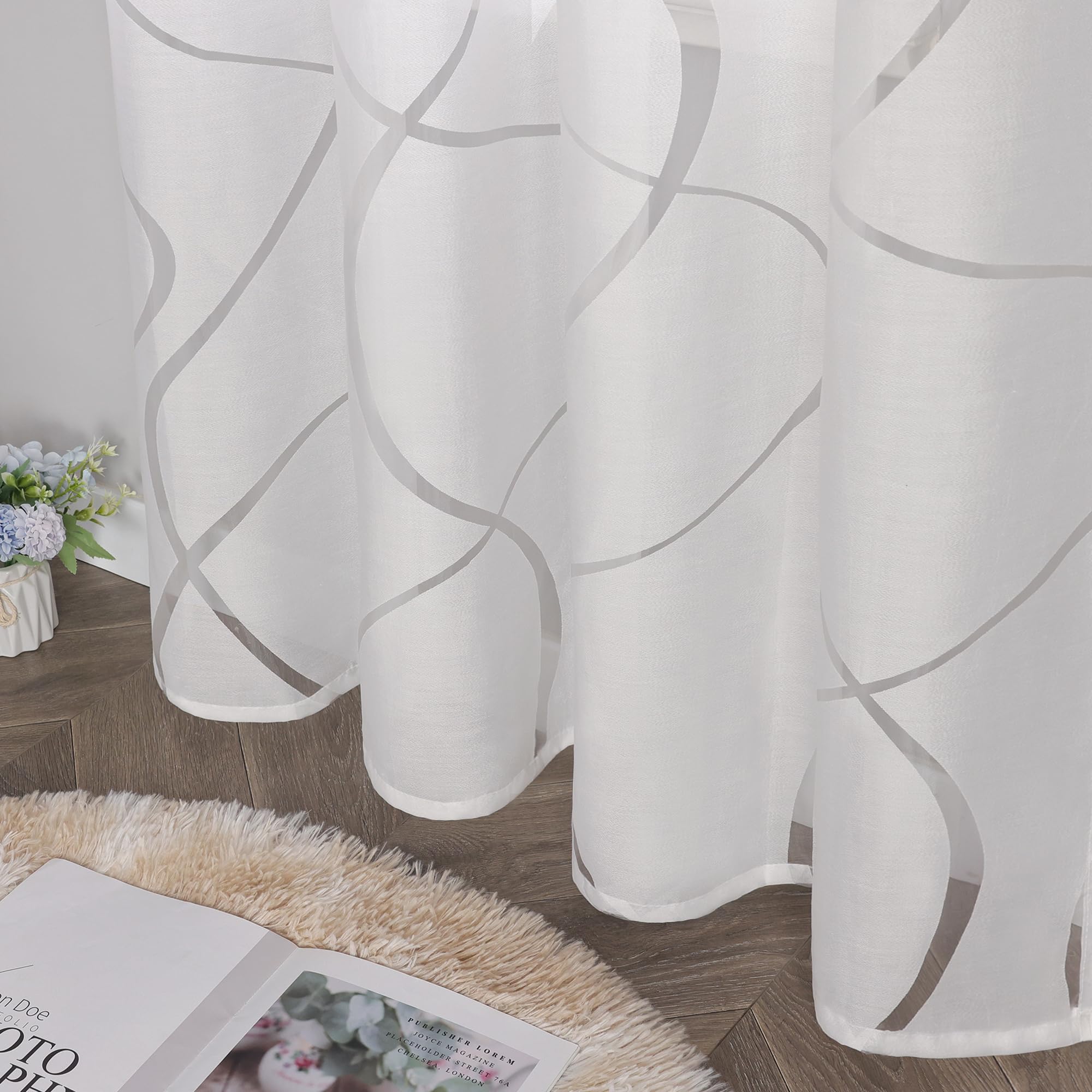 Delien Gardinenschals Ausbrenner Transparente Gardinen mit Kräuselband Modern »Wellen« Fenster Gardinen Wohnzimmer Flächenvorhänge Dekoschals Vorhang mit Wellenmuster 1 St. Weiß,BxH 140x245cm