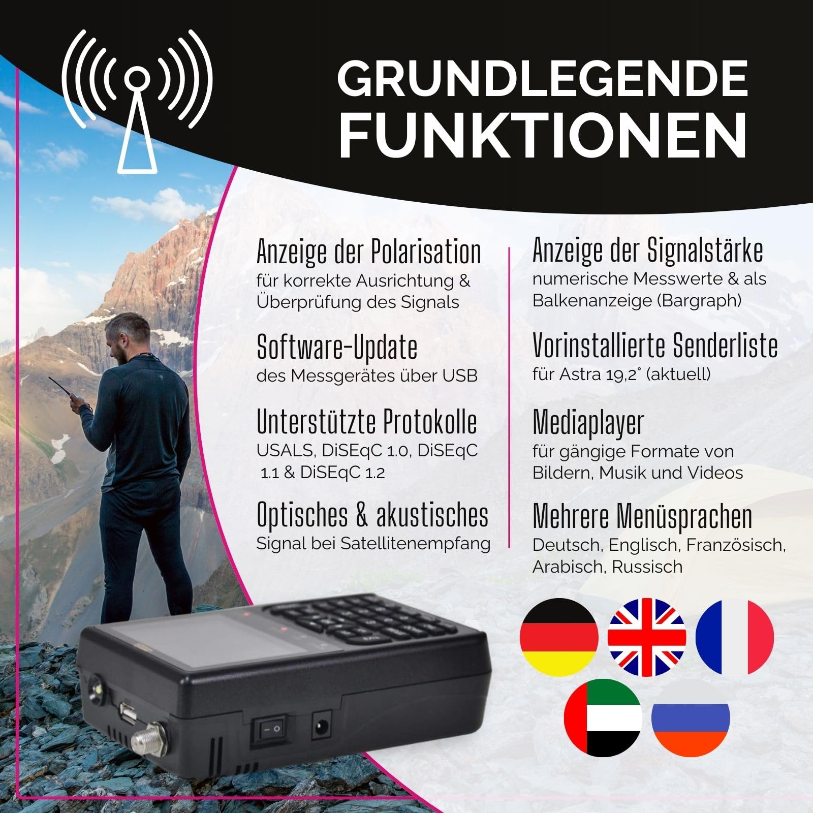 Summit SM 201HD Satelliten Messgerät I Sat Finder für DVB-S/S2 I Digital | digitales Messgerät mit 3,5" TFT LCD Display & Tonsignal I inkl. Steckernetzteil, AV-Adapterkabel & Nylonschutztasche