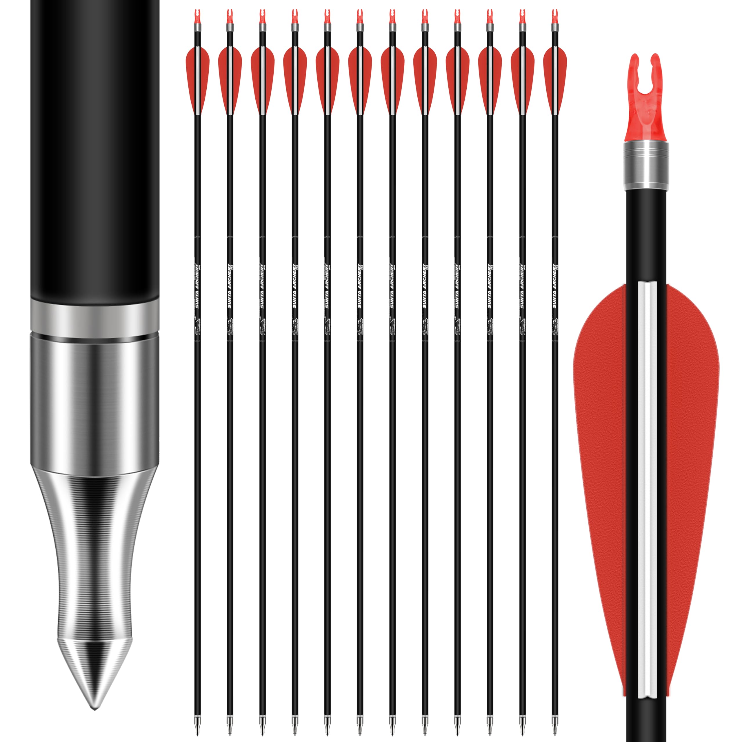 Sunya Flèches de Chasse pour Arc à poulies et Arc recurve. Tige en Carbone de 30 Pouces, Spine 400/500 avec Pointes Amovibles. Lot de 12