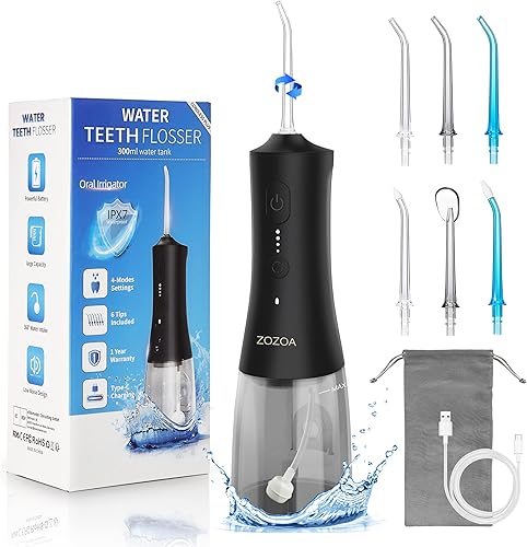 Cordless Water Dental Flosser, 4 Mode Oral Irrigator, Portable Rechargeable Teeth Cleaner, Ipx7 Waterproof, 6 Replacement Jet Tips, 300ml Water Flosser for Teeth Cleaning Braces, Black