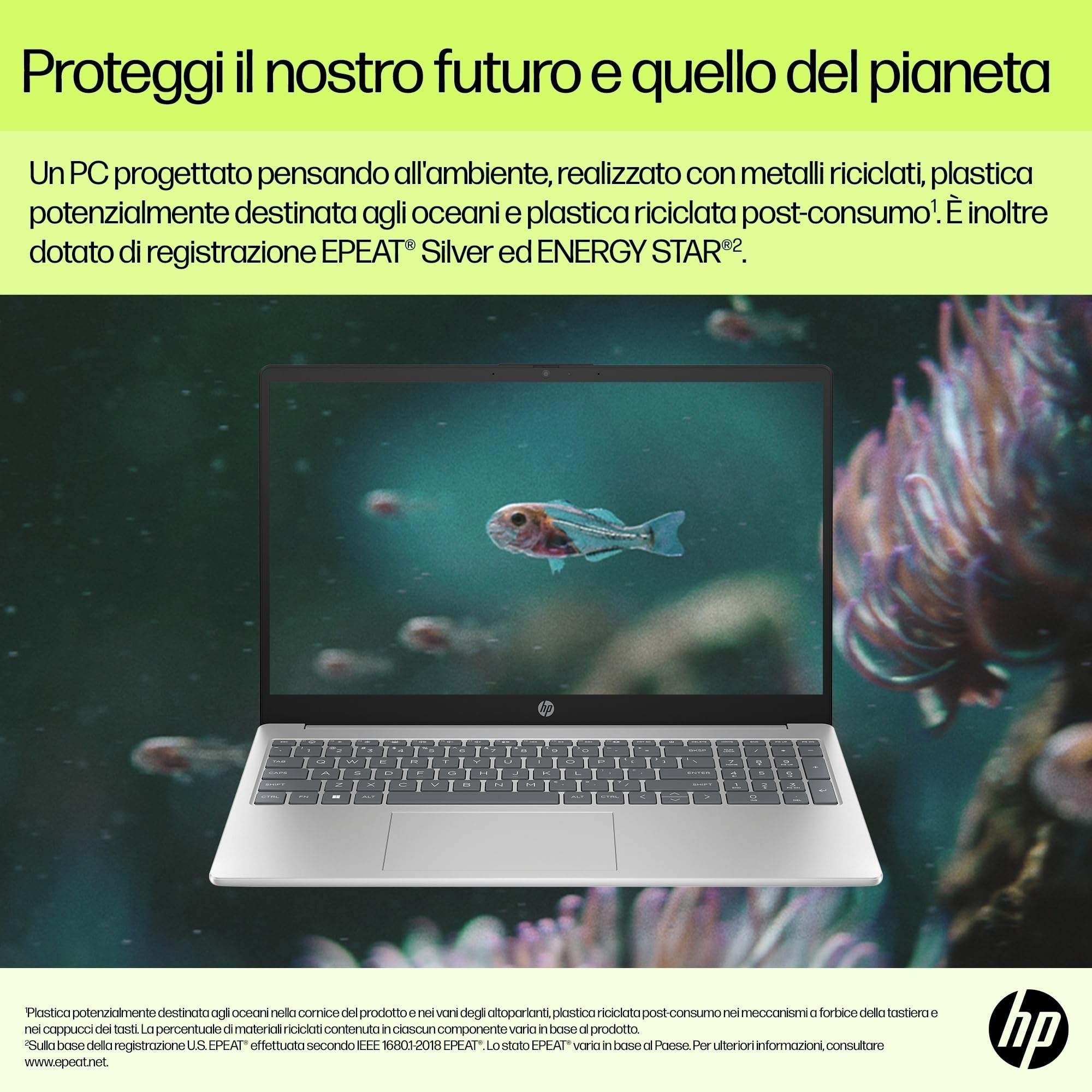 HP Laptop 15-fd0021sl, PC Portatile 15", Display FHD, Notebook, (Intel Core 3 100U, RAM 8GB, SSD 256GB, Windows 11), Computer Portatile, Uso quotidiano, Tastiera Italiana, QWERTY, Argento