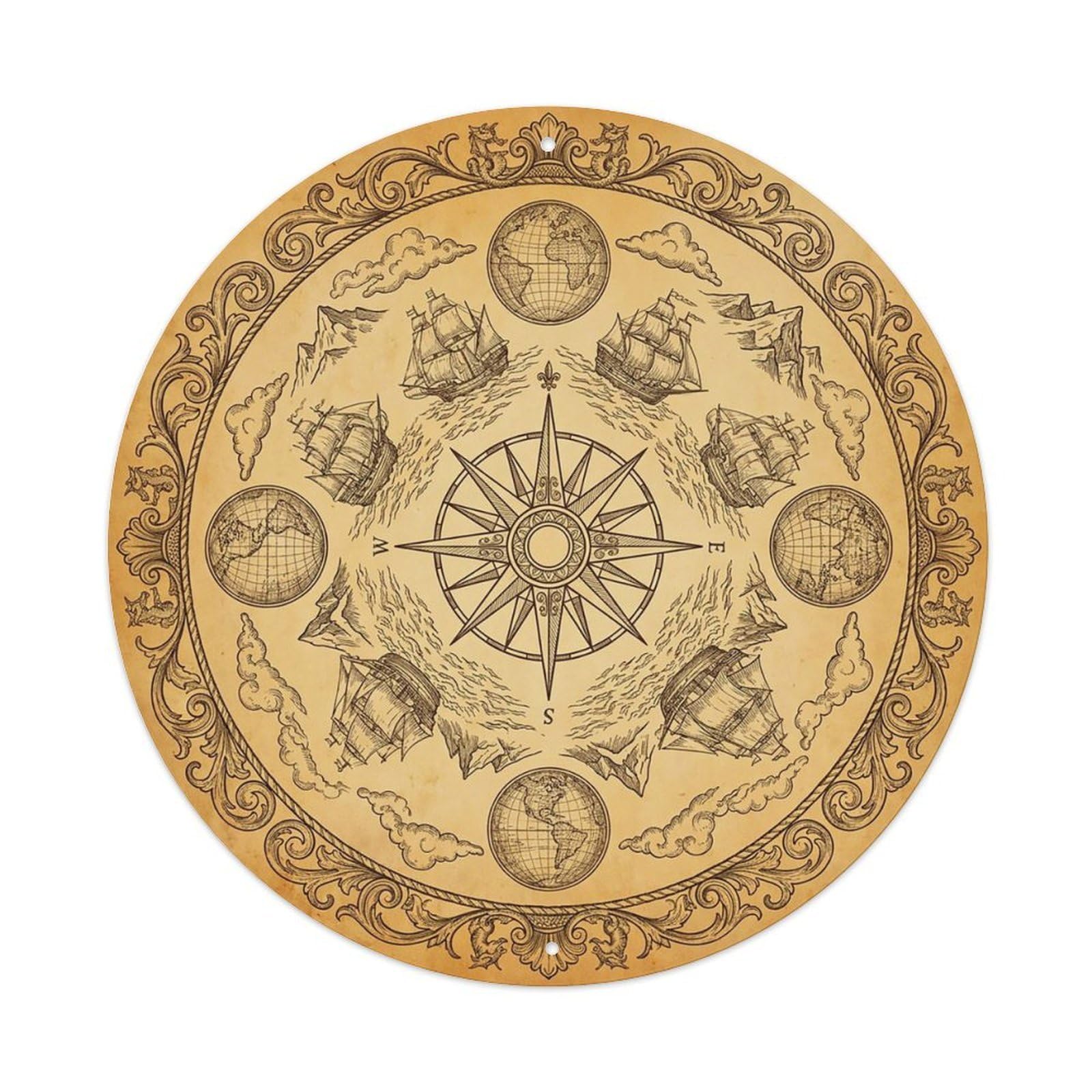 Vintage Nautical Compass World Map Journey Heritage Metal Tin Sign