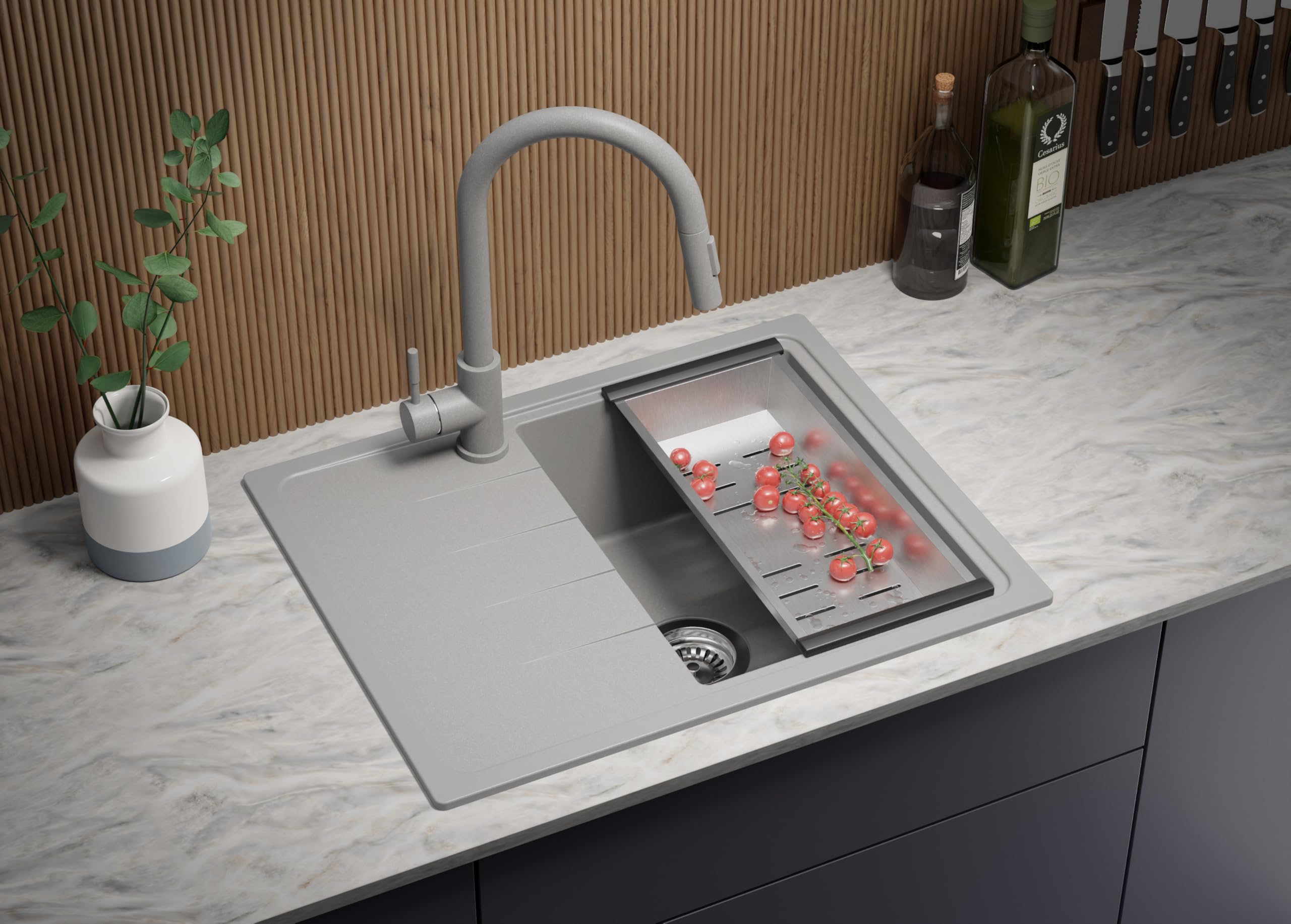 PRIMAGRAN Evier Cuisine en Granit au Meuble 40cm + Kit de Vidage, 62x50cm