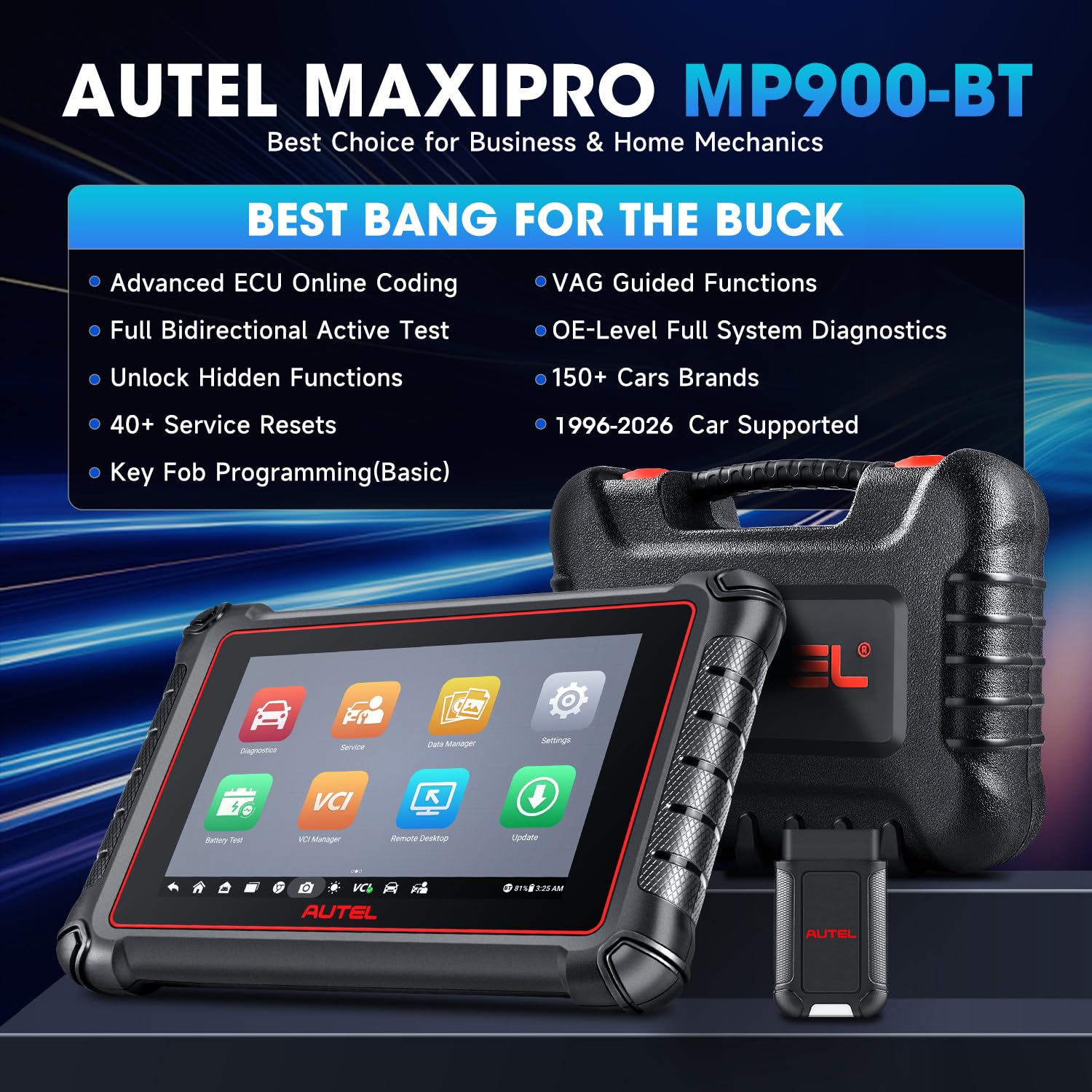 Autel MaxiPRO MP900BT: 2026 Inalámbrico como MP900-BT KIT Codificación ECU, OS11, 3K+ Prueba Activa, DoIP CAN FD, 40+ Reseteos, Escaneo VIN/Matrícula, Nuevo Modelo de MP808BT PRO MP808 DS808 MS906 Pro