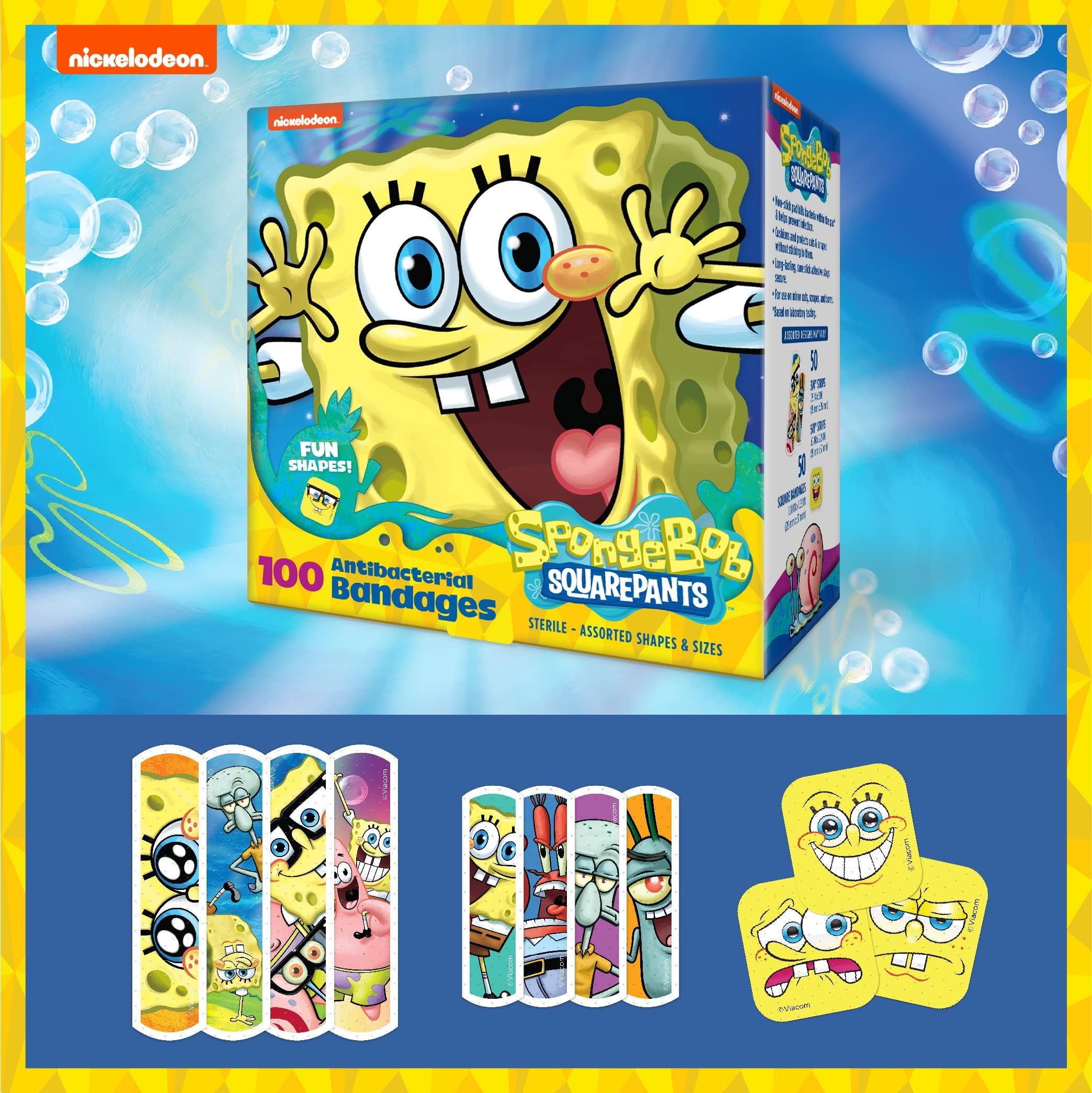 Spongebob Kids Bandages, 100 ct | Wear Like Stickers, Adhesive Bandages for Minor Cuts, Scrapes, Burns. Easter Basket Stuffers for Kids & Toddlers