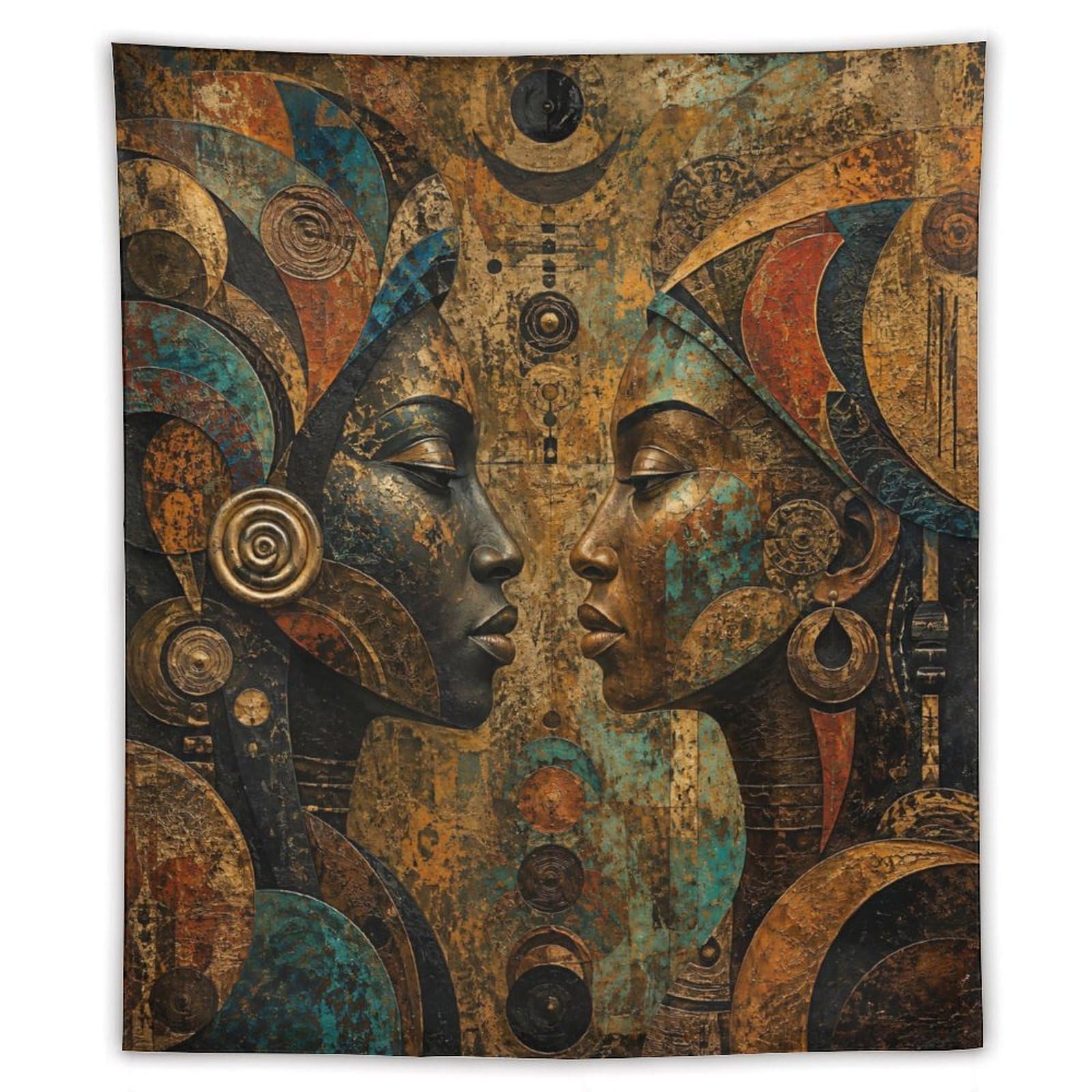 W7C8U2X3 Abstract African Faces Wall Tapestry, Detailed Illustration Style