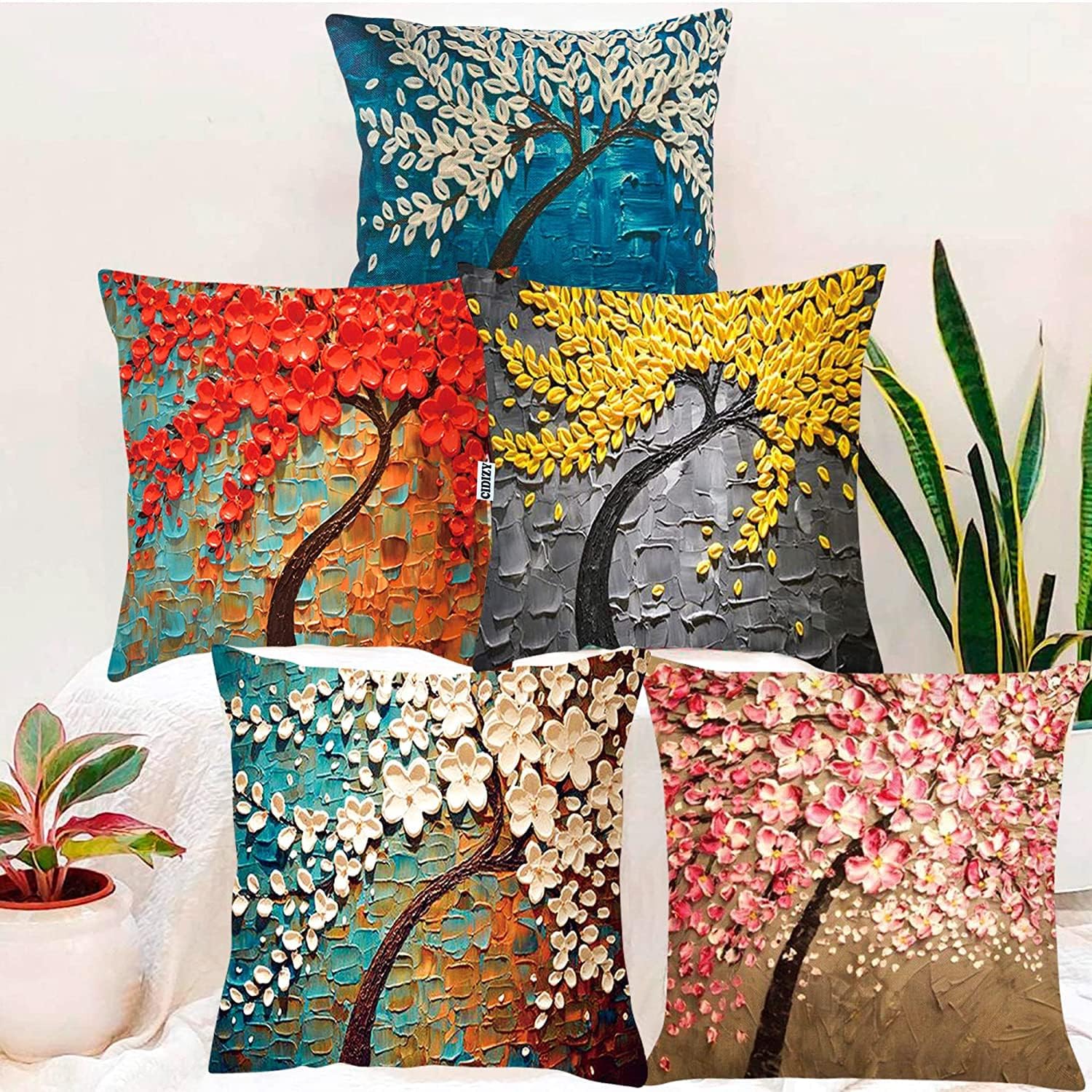 Anja Creations Designer and Decorative Printed Square Cushion Cover Set of 5 Jute Throw Pillow Covers/Cases for Couch and Sofa & Chair for Home (16 x 16 inch or 40 cm x 40 cm) (Tree Pattern Multi) (B0C7R4YLSK) Amazon Price History, Amazon Price Tracker