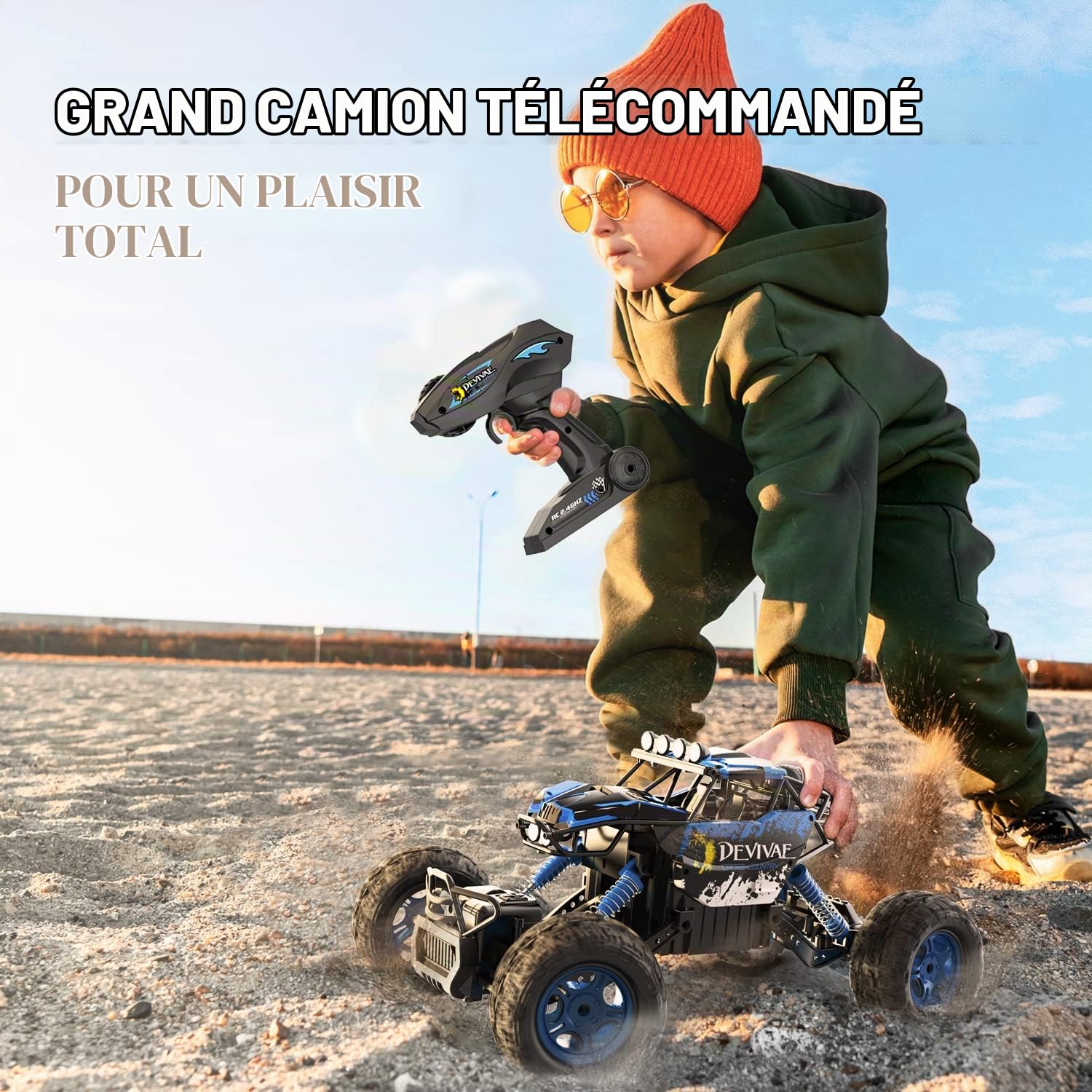 CROBOLL Grande voiture RC 1:12 avec fonction de levage, 2,4 GHz 20 km/h, cadeaux pour garçons 3, 4, 5, 6, 7, 8, camion RC Monster avec 2 batteries (bleu)