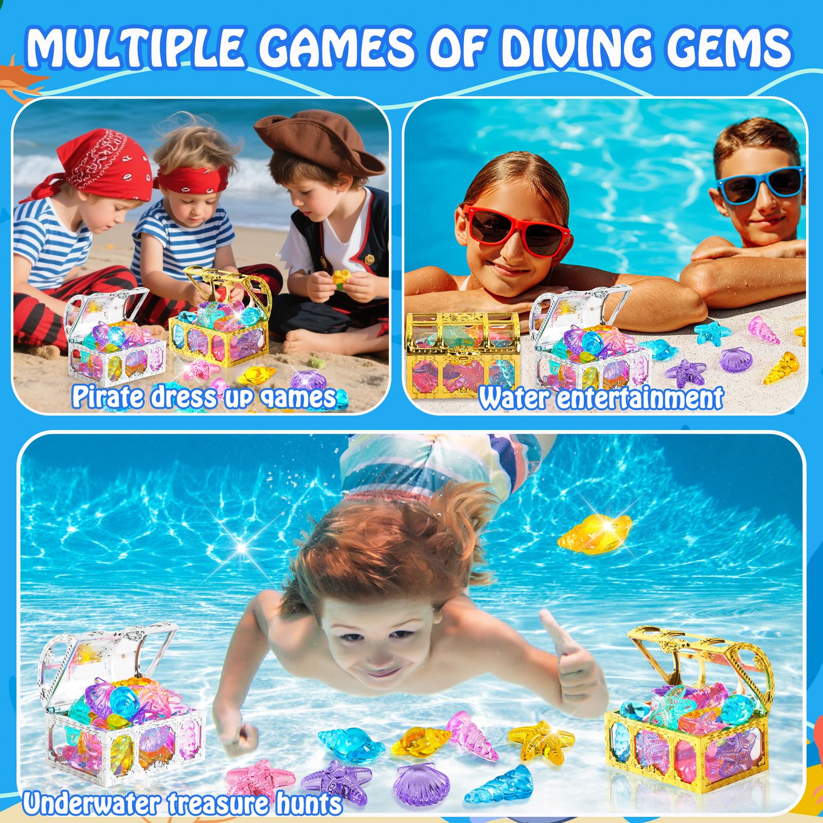 36 Pierres Précieuses De Plongée Avec 2 Coffres Pirates – Jouets Aquatiques Étincelants Pour Enfants, Idéaux Pour Chasses Au Trésor à La Piscine