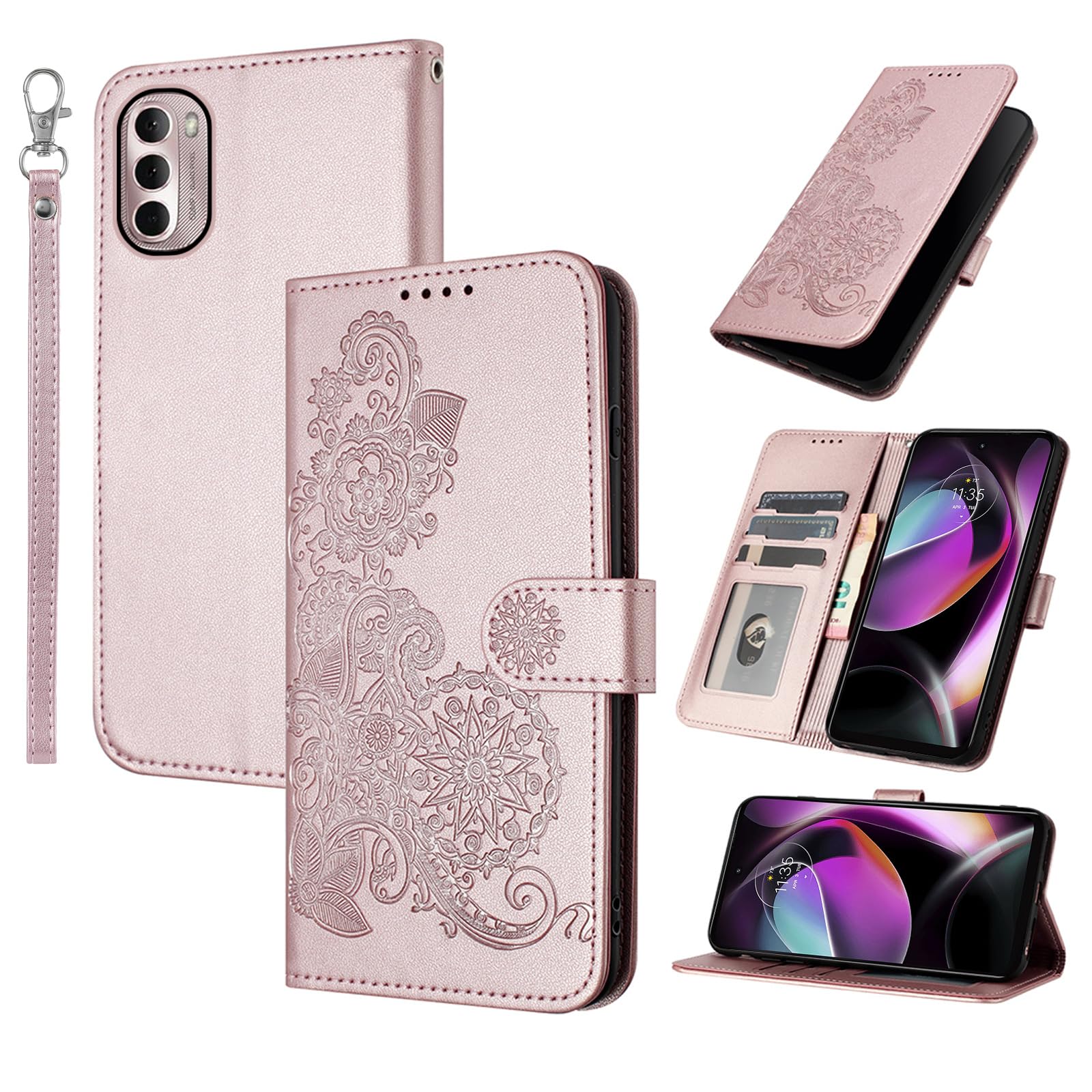 Dibosom for Moto G Stylus 2022 4G Floral Wallet Case with Wrist Strap Flip Zipper Purse,Luxury PU Leather Card Holder Stand Accessories Cell Phone