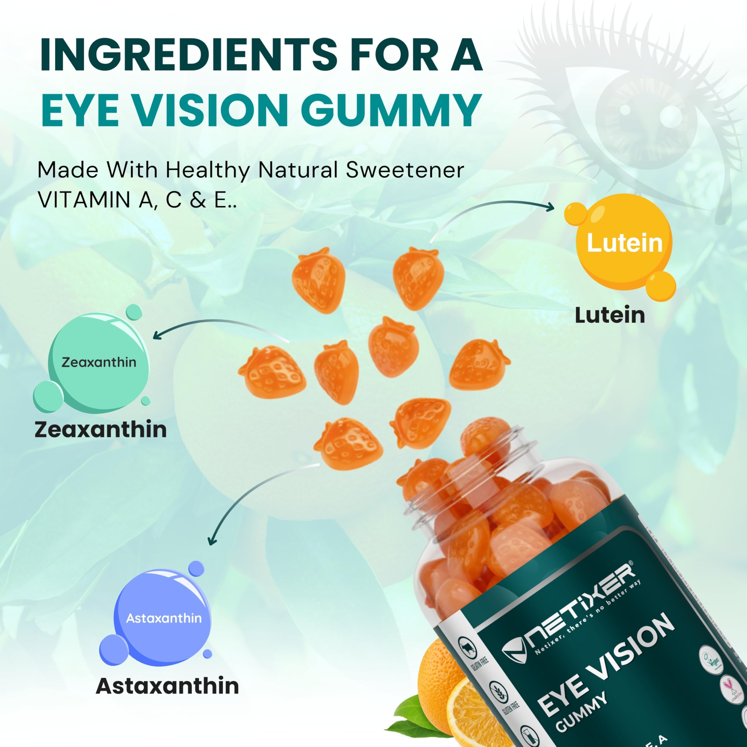 nETiXER Eye Vision Gummies – 60 Berry-Flavored Vegan Gummies with Lutein, Zeaxanthin, Astaxanthin, DHA, Vitamins A, C, E – Gelatin-Free, Gluten-Free | Individually Wrapped 1