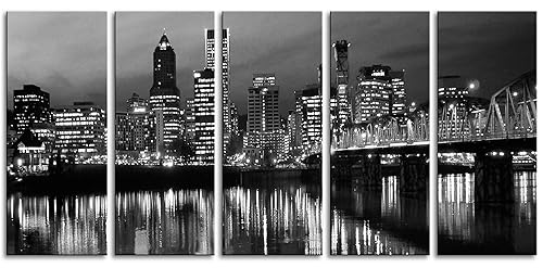 Miniatura 2 de XLARGE 30"x 70" 5 Panels 30"x14" Ea Art Canvas Print Portland Oregon skyline Black & white Wall Home decor (framed 1.5" depth)