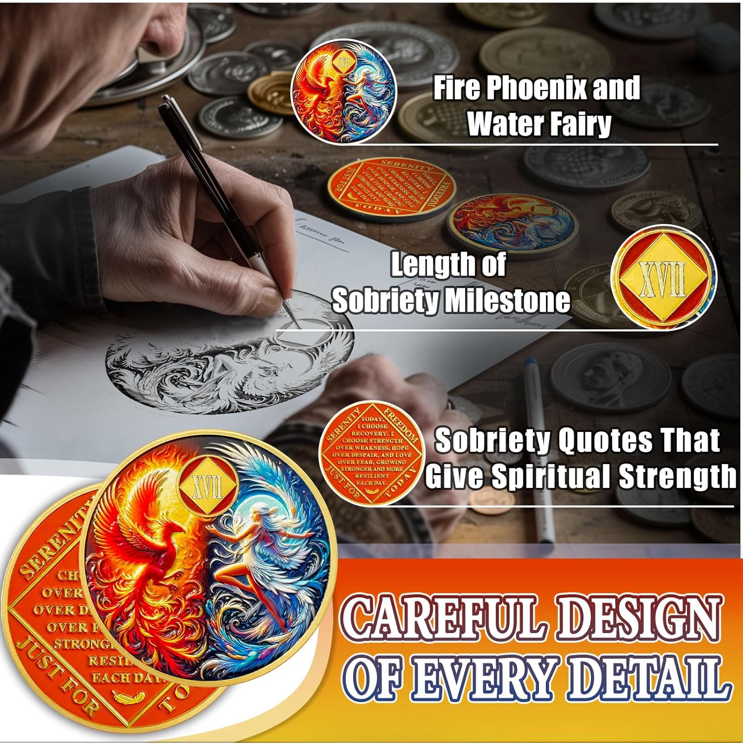 Phoenix Rising 17 Year Sobriety Coin, Addiction Recovery AA NA Chips Medallion with Token Capsule, Narcotics Anonymous Sober Anniversary Milestones, Sobriety Gifts for Men Women