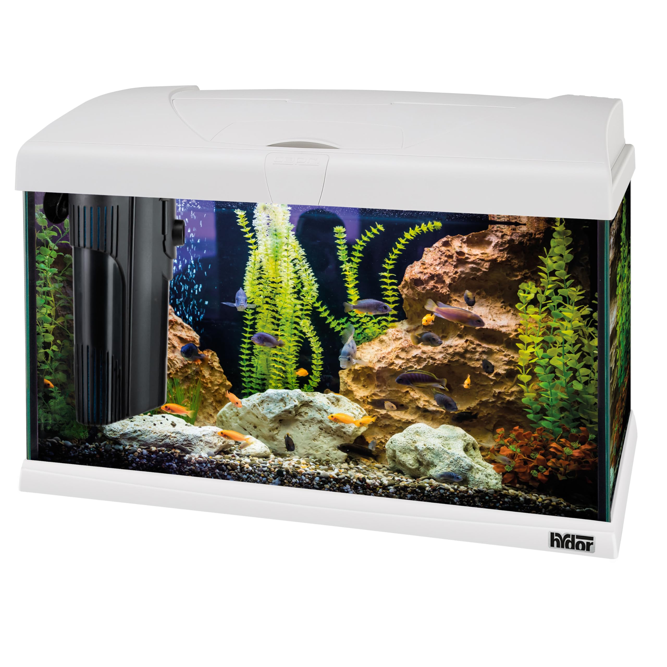 Hydor Kompletny zestaw do akwarium 40 l, ryby tropikalne lub słodkowodne, akcesoria do akwarium: lampa LED, filtr wewnętrzny, ogrzewanie, 52 x 27 x wys. 36 cm, ze szkła białego