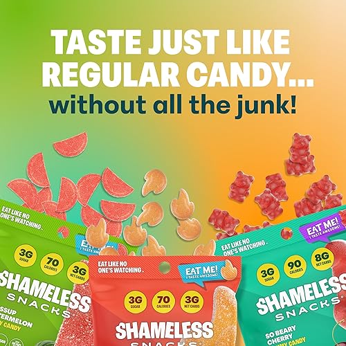 Miniatura 3 de Shameless Snacks - Gomitas keto bajas en carbohidratos sin gluten, paquete de dulces - Sandía, Cereza Beary, Chili Mango