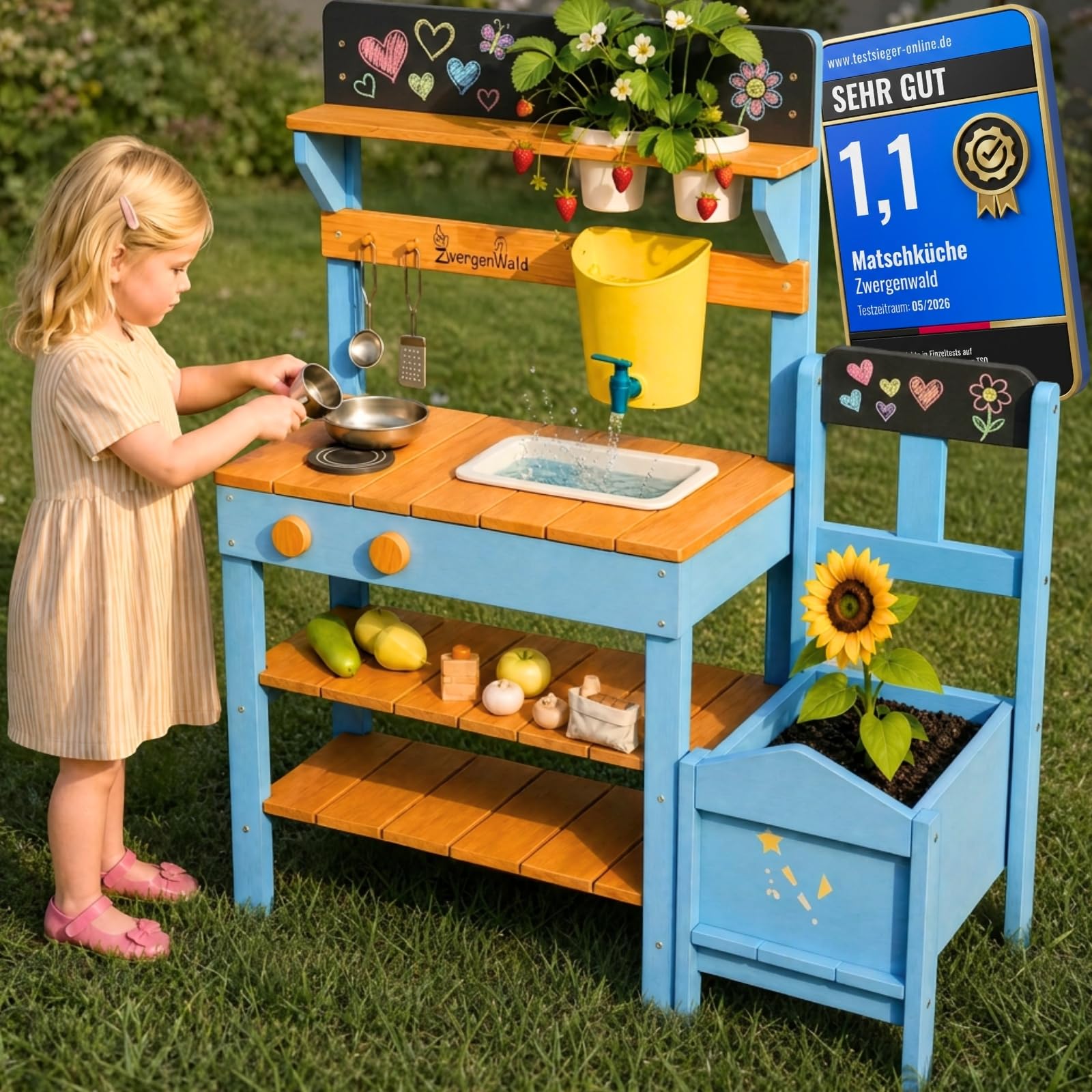Matschküche Kinder Outdoor mit Wassertank & Spülbecken, mit Pflanzkasten, Mud Kitchen Holz, Spielküche Outdoor Höhenverstellbar, Matschtisch Kinder, Kinderküche Holz Wetterfest