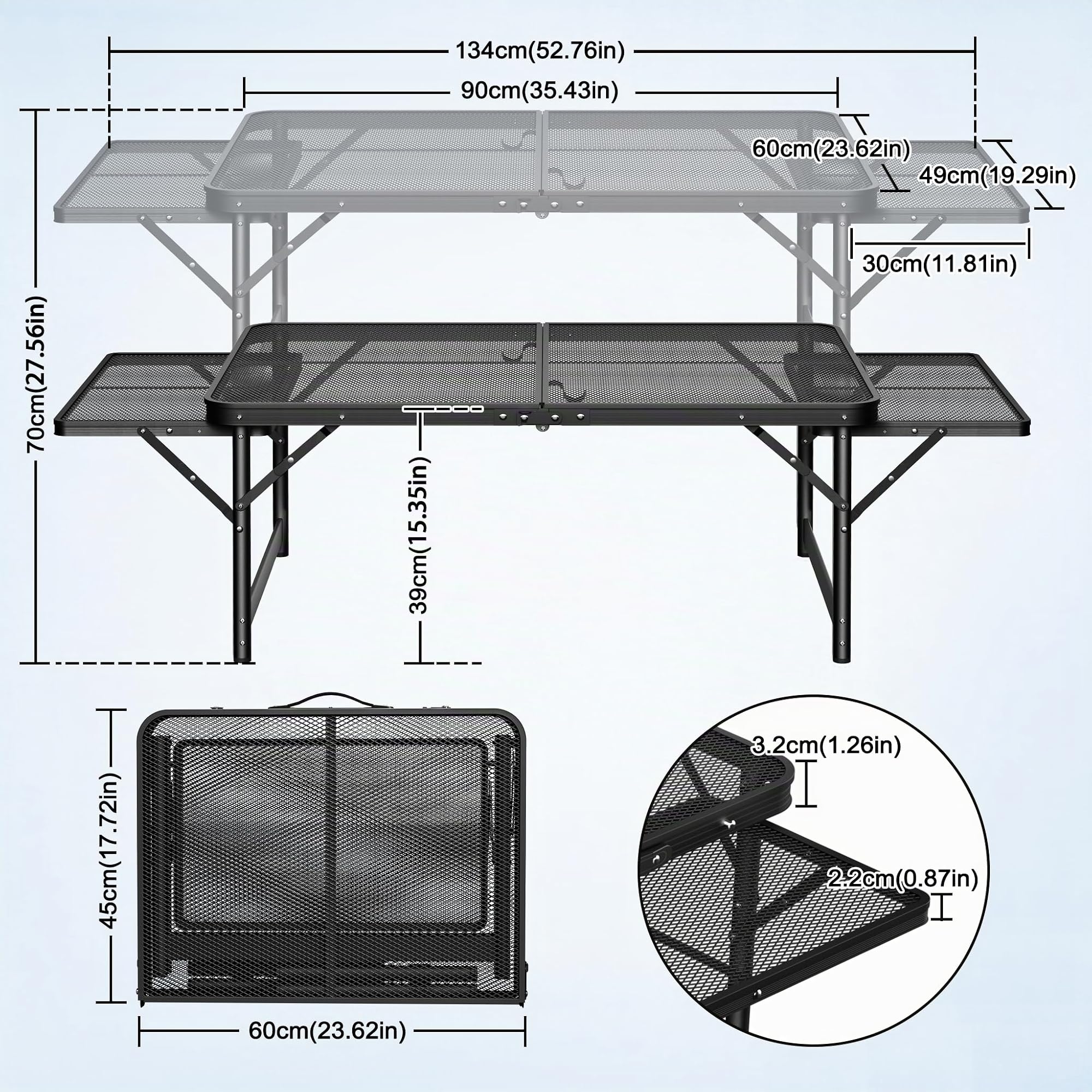 FIVMEN Campingtisch Klappbar Klapptisch Höhenverstellbar Gartentisch Balkontisch Camping Tisch mit Verlängern Metallgitterplatte Grilltisch Partytisch Faltbar Wetterfest, 90x60 cm
