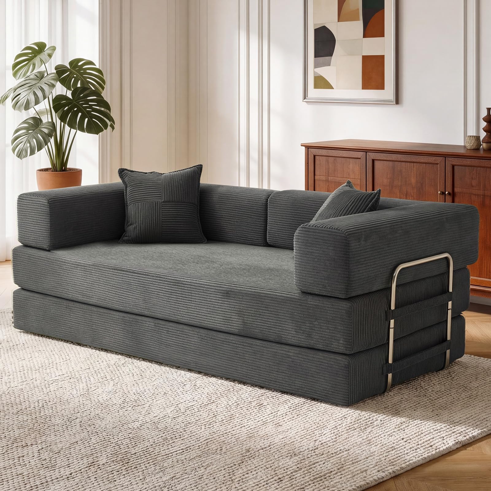 Vipbear 200cm Hochwertiges Sofa, aus Langlebig Cord mit Hochdichter Schaumstoff, 5-in-1 Umwandelbares Vielseitig ohne Knochen 3-Sitzer Sofa mit Schlaffunktion für Schlafzimmer, Grün | Umwandelbar