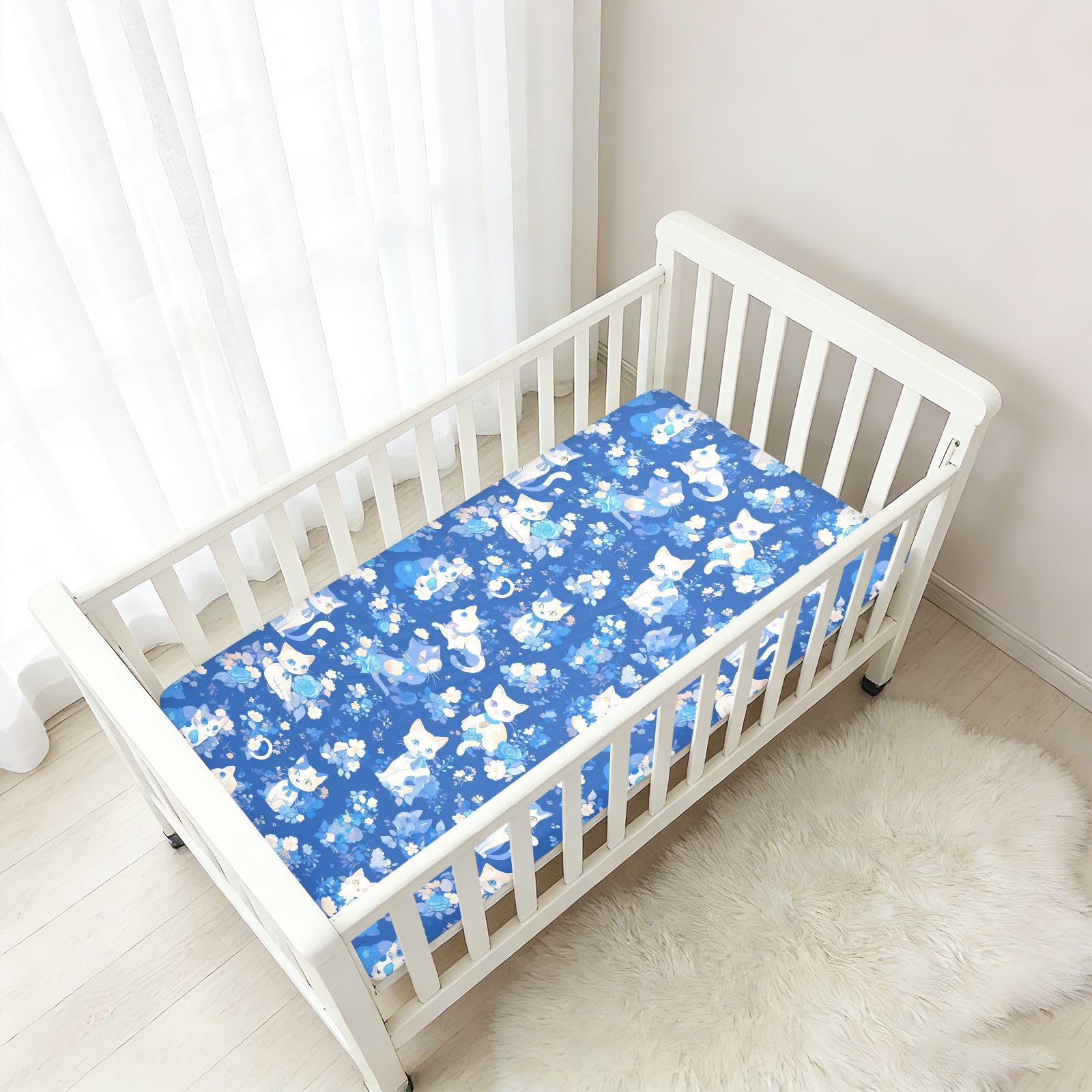 Kreskówka uroczy biały kotek łóżeczko prześcieradła dla chłopców dziewcząt bawełna dziecko Playard prześcieradło ultramiękkie unisex łóżeczko dziecięce prześcieradła do dekoracji przedszkola, 1