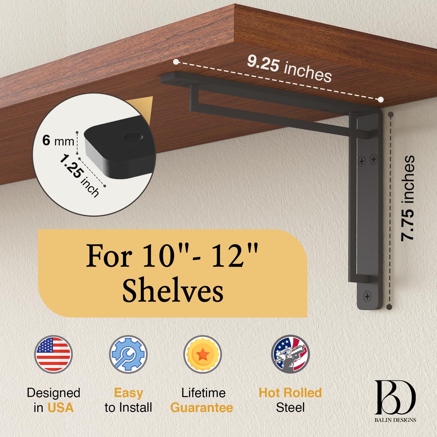 L-Halterungen von Balin Designs (schwarz) für 25,4 cm - 30,5 cm Kreuzregale – robuste dekorative Metallstützen – Kaminregal – einfache Installation mit mitgelieferten Hardware – 4 Stück