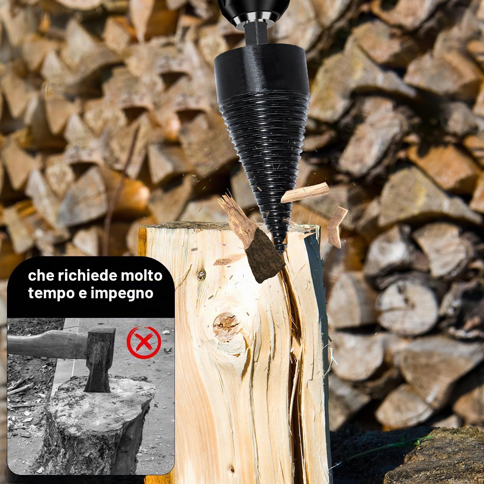 Set di spaccalegna da 42 mm + 32 mm, spaccalegna con 4 manici per trapano, spaccalegna per legna da ardere, cono per legno spaccalegna per trapano