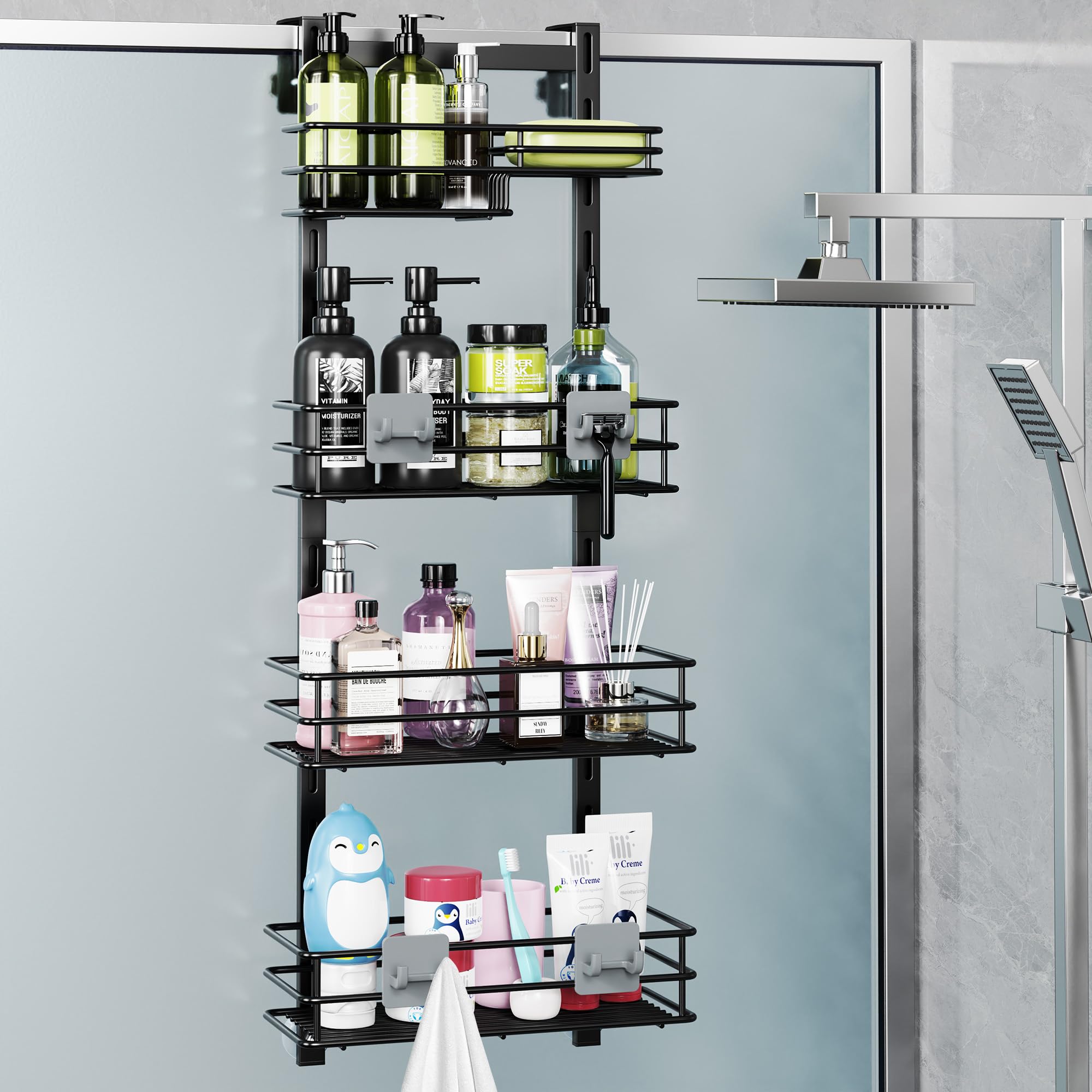Orimade Duschregal für die Tür, verstellbar, 4 Etagen, schwarz, Badezimmer-Hänge-Organizer, Regal, rostfrei, mit 4 Haken, Duschkorb mit Seifenhalter und Saugnapf
