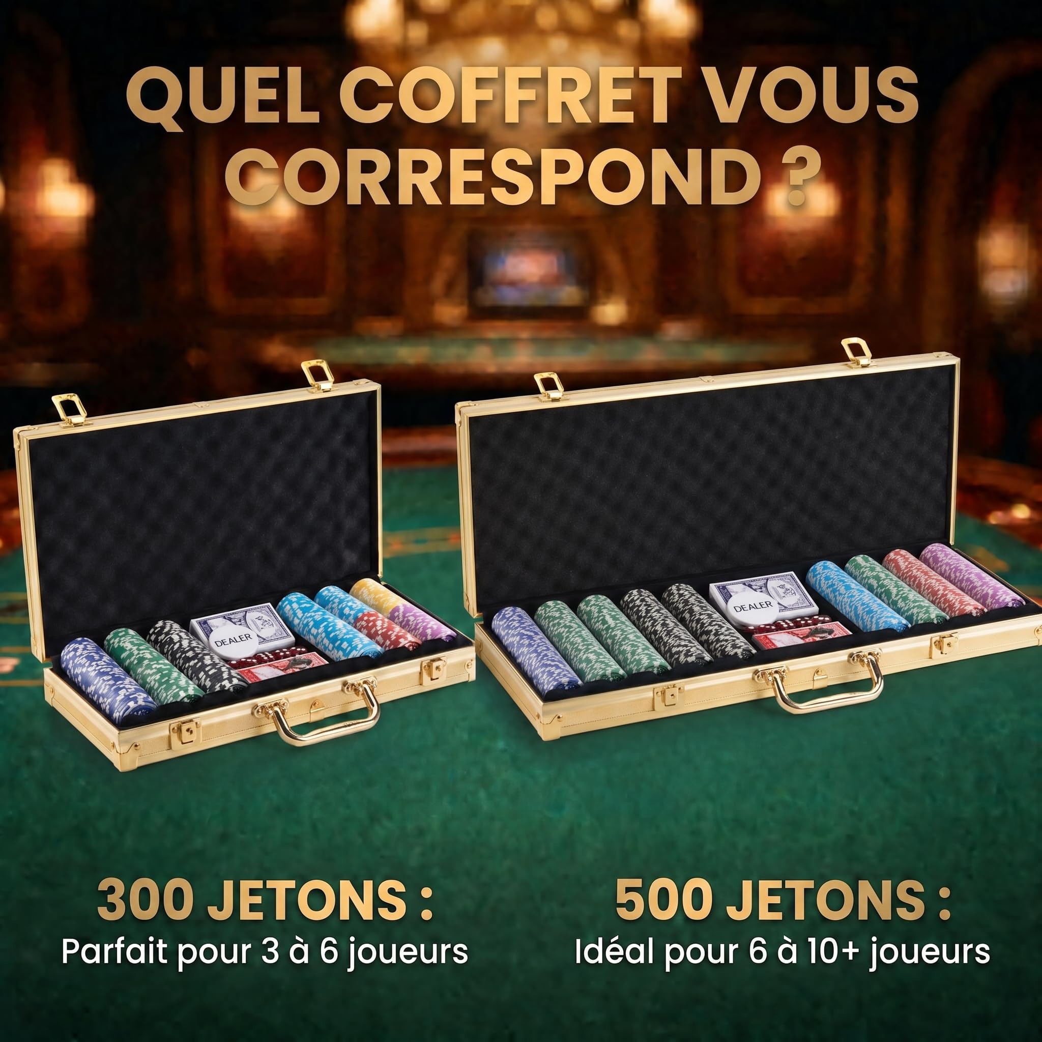 Mallette de poker Profi Pokerset comprenant 300-500 jetons de poker de haute qualité ; deck de poker, jeu de cartes, cartes de poker, dés, bouton de croupier ; casino à domicile (Or, 500 Jetons)