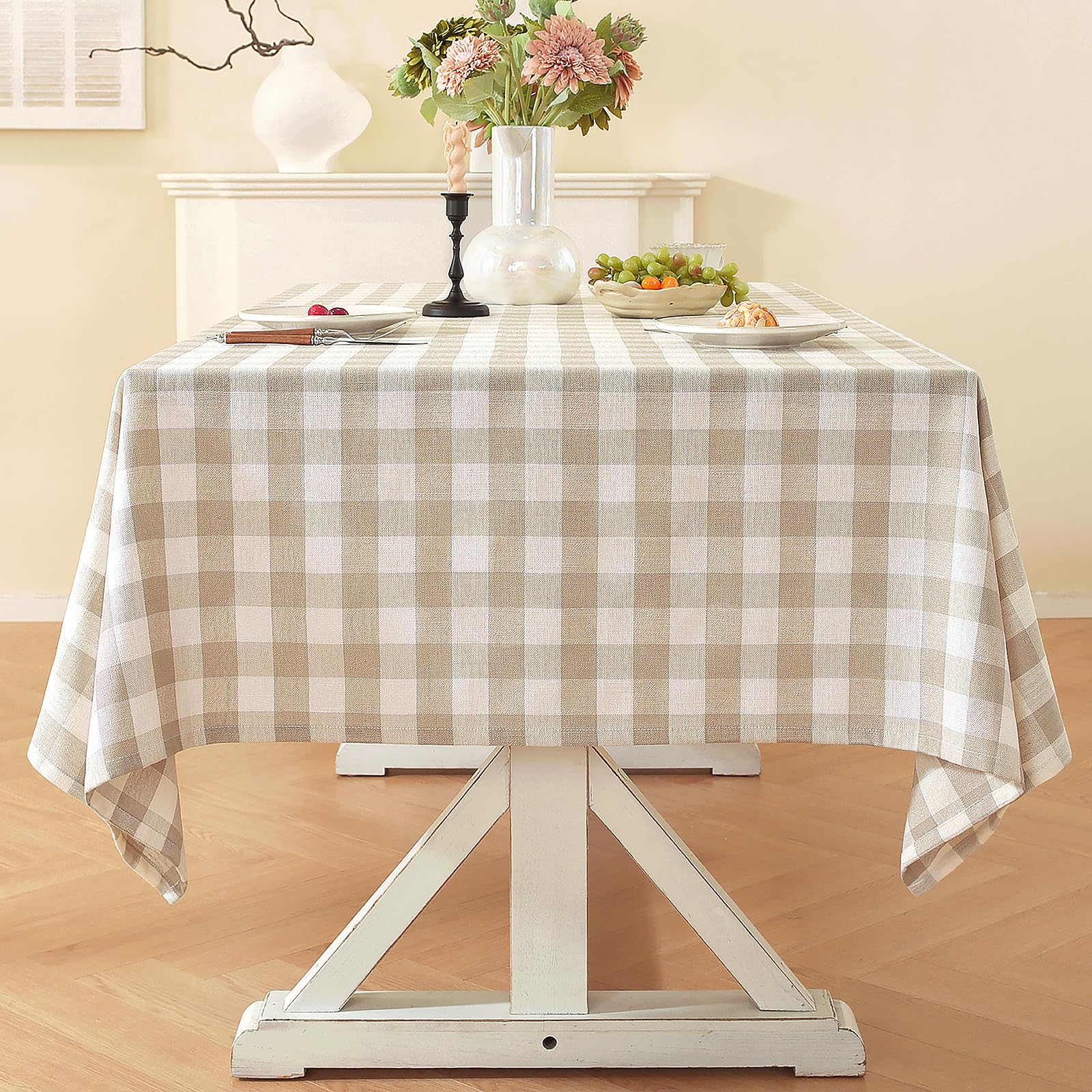Beige Checkered Tablecloth Rectangle Tables Buffalo Plaid Gingham Table Cloth Cotton Linen Rustic Tablecloths Washable Wrinkle Free for Party Picnic Kitchen, 60"x120" 10-12 Seats