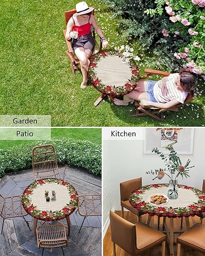 Miniatura 6 de Mantel redondo de Pascua ajustable de Navidad, mantel de lino retro impermeable para una mesa circular, mantel circular a cuadros negro y rojo