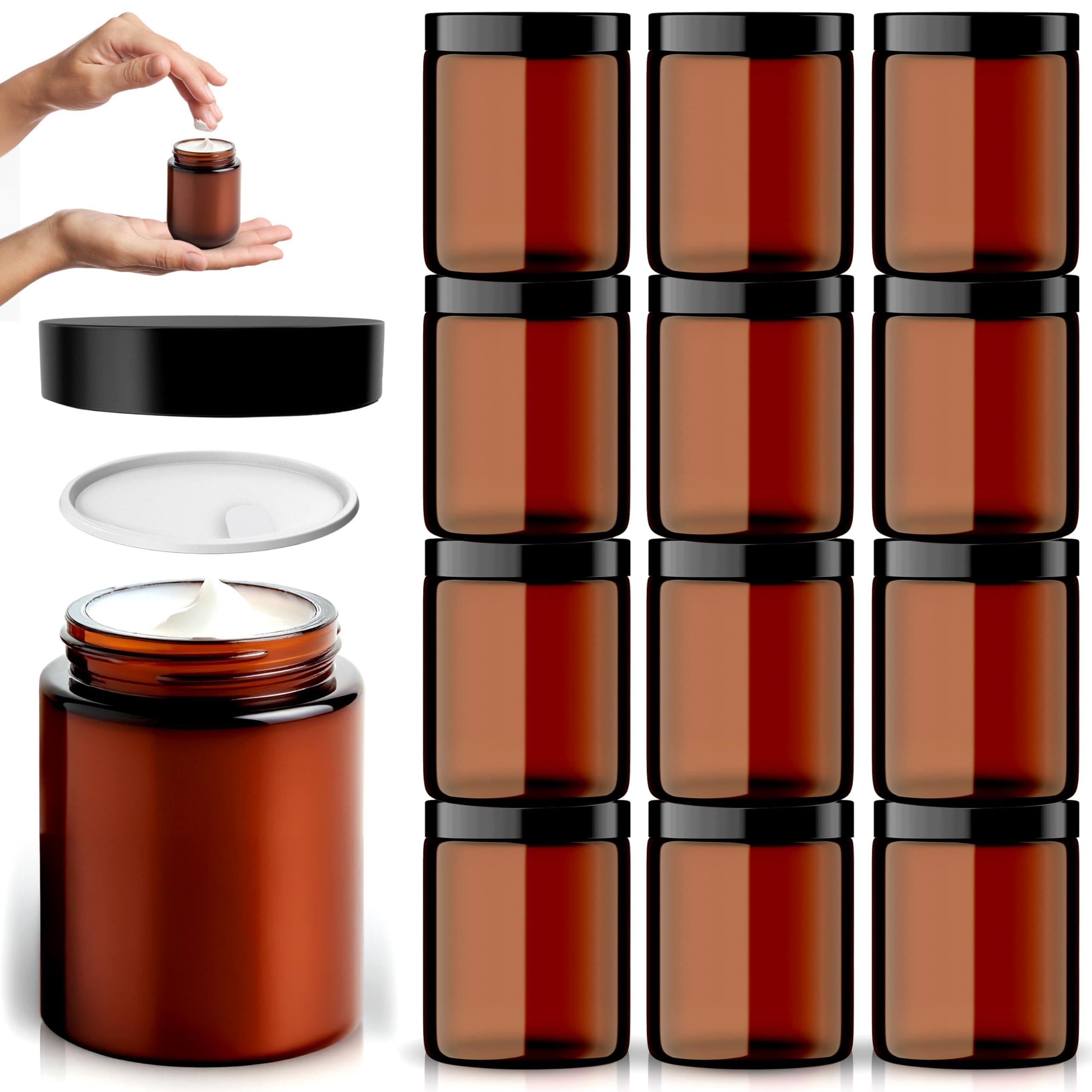 Volila Amber Glass Jars - 12 Pack (240Ml) With Lids - Brown Travel Cosmetic Containers With Spatula - Uv Protection For Powder, Lotion And Cream