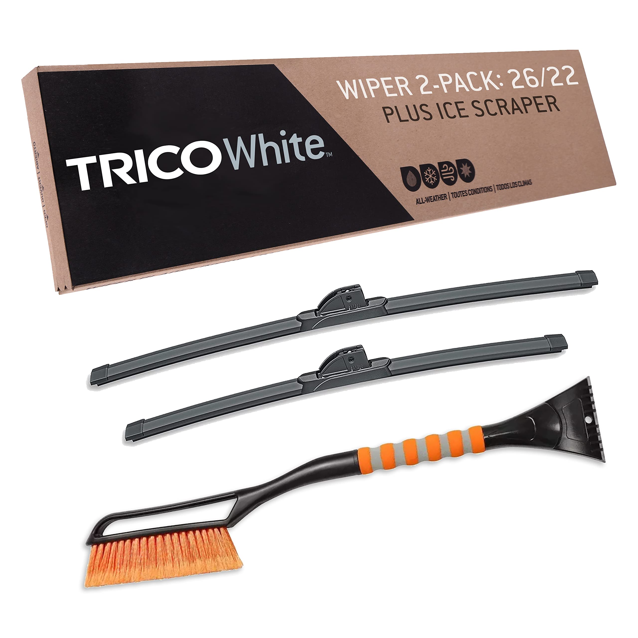 trico white 26 inch & 22 inch pack of 2 extreme weather winter automotive replacement windshield wiper blades plus snow brush and detachable ice scraper for my car (35-2622is)