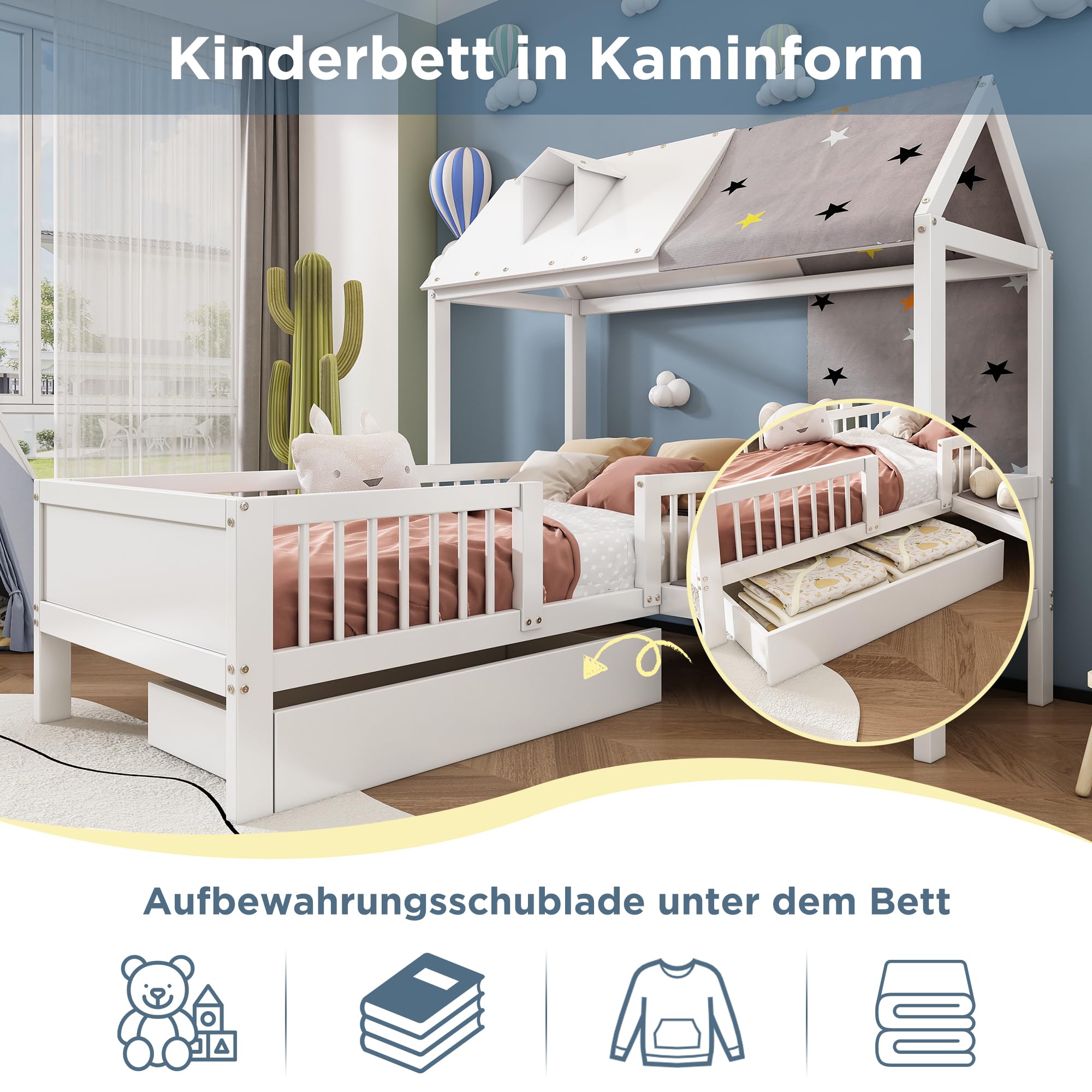 Montessori Kinderbed, huisbed, 90 x 200 cm met valbescherming en lattenbodem, houten kinderbed met 3 opbergrekken, voor jongens of meisjes ( wit