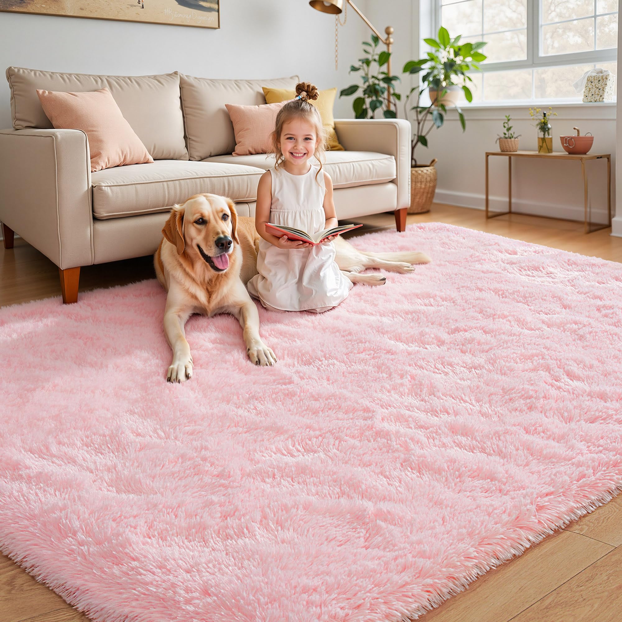 Keeko Premium Fluffy Pink Area Rug Cute Shag Fuzzy Rug, 4x5.3 Ultra Soft Shaggy Rug Furry Carpet for Bedroom Indoor Modern Washable Rugs for Bedroom Living Room Girls Kids Pink Home Room Decor