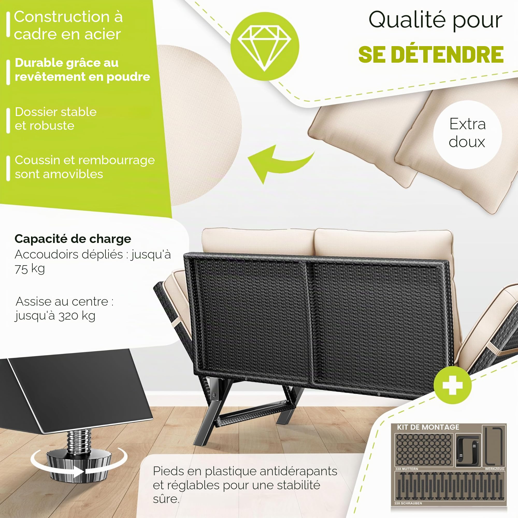 KESSER® Luna Banc de jardin en polyrotin avec fonction allongée, 4 en 1, résistant aux intempéries, canapé de balcon, canapé réglable, accoudoirs réglables, rembourrage extra épais
