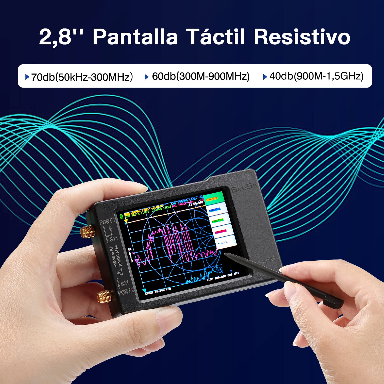Seesii Analizator anteny NanoVNA-H, 2,8 cala, analizator sieci wektorowej 10 kHz – 1,5 GHz MF HF VHF UHF pomiar parametrów S, współczynnik napięcia fal stojących, faza, obsługa karty SD