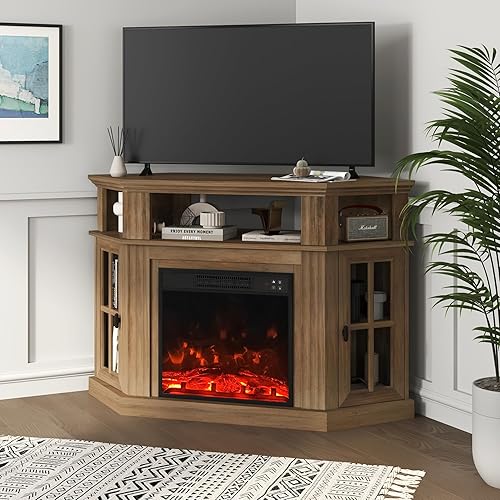 YESHOMY Soporte esquinero para TV de hasta 55 pulgadas con armarios de almacenamiento, centro de entretenimiento, consola multimedia para sala de