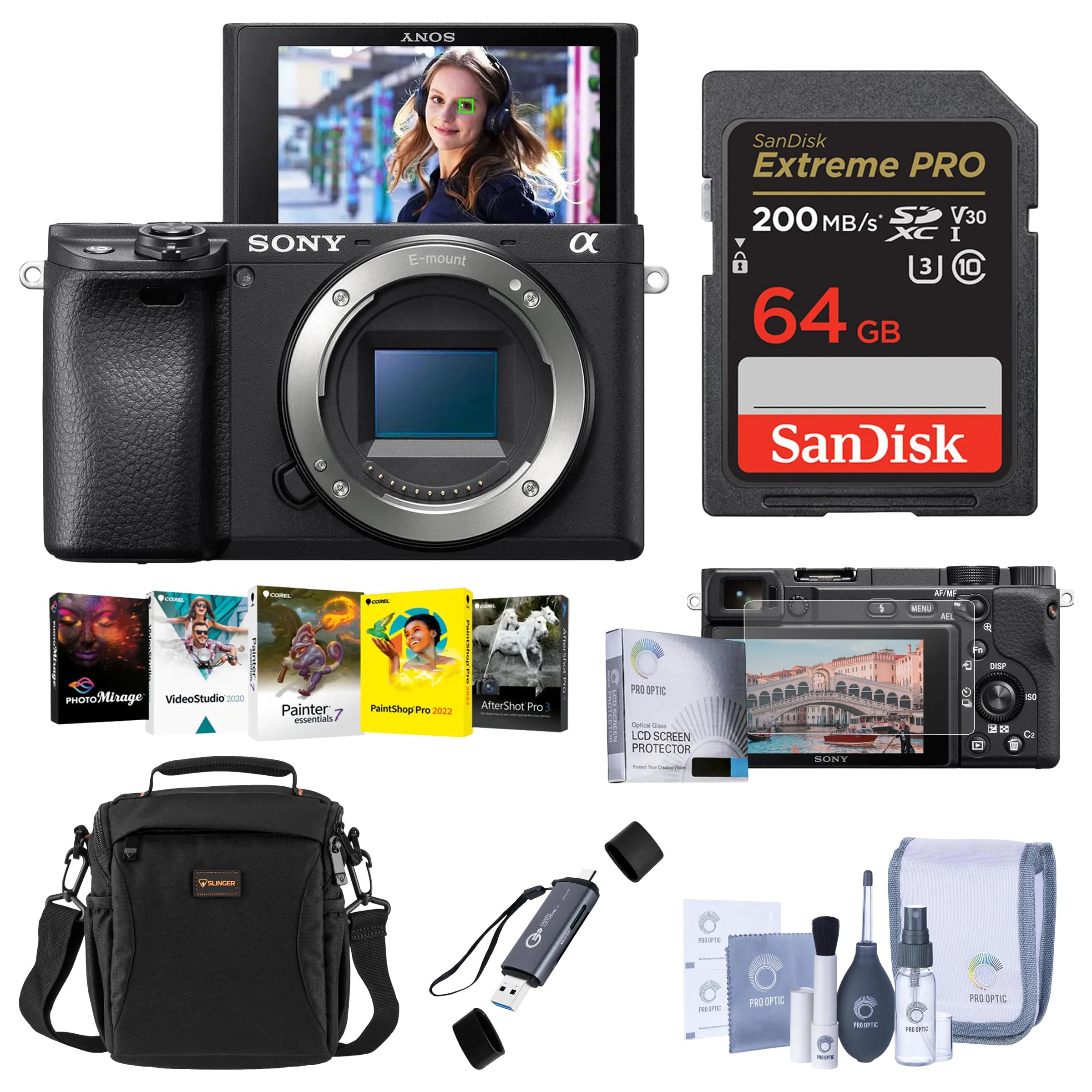 Sony Alpha a6400 Mirrorless Digital Camera (Body Only) - Bundle with Shoulder Bag, 64 GB SD Card, Cleaning Kit, Card Reader, SD Card Case, Corel PC