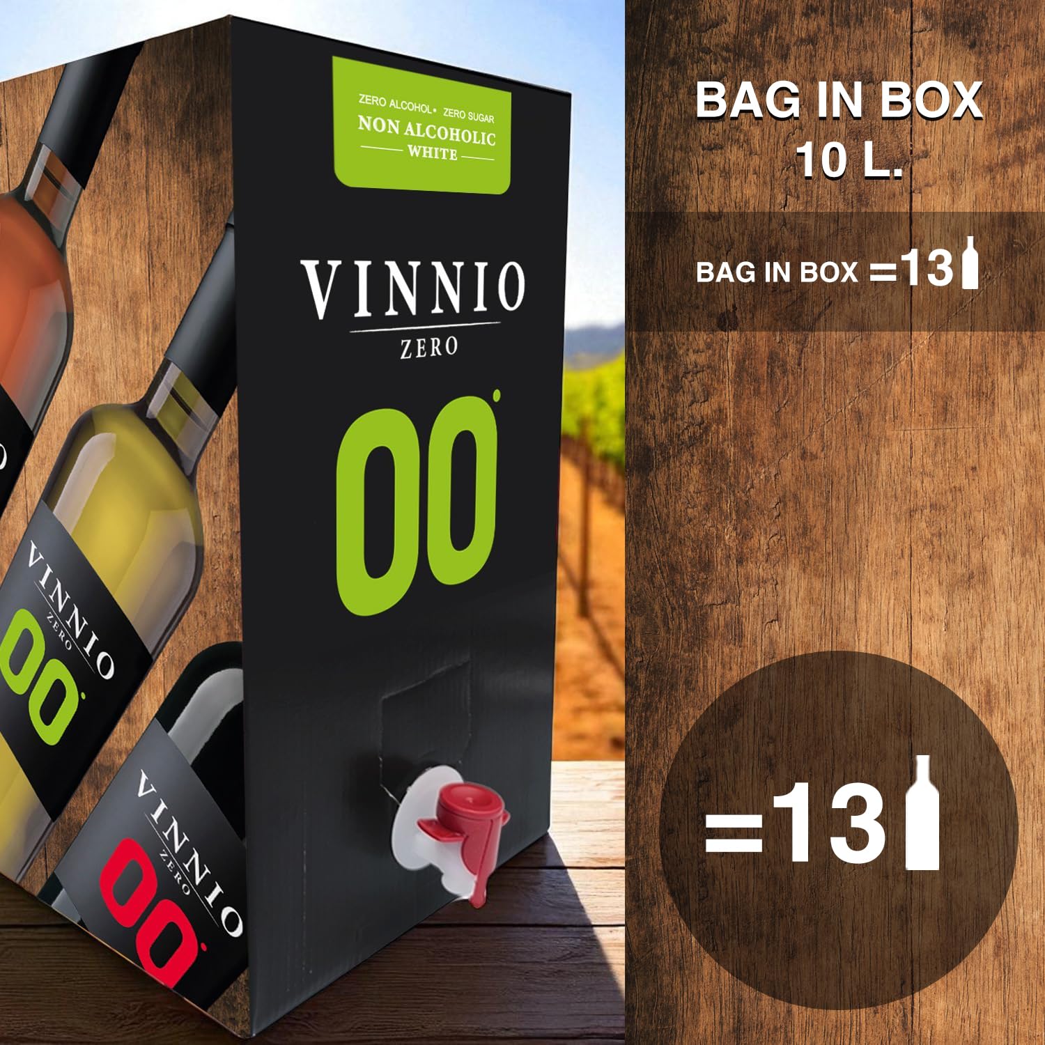 VINNIO - Vino sin alcohol 0,0 Premium Blanco | Bag in Box 10 litros | Equivalente a más de 13 Botellas de 750 | Formato Ahorro con Grifo (Sin Azúcar, Bajo en Calorías)