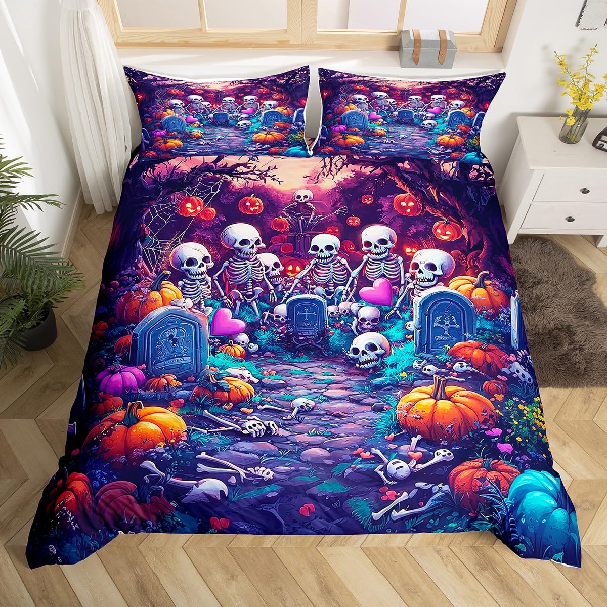 Funny Halloween Skeleton Super King Duvet Cover,Spooky Pumpkin Bedding Set for Kids Cute Halloween Decor,Horror Skull Spiderweb Bed Set Halloween Tree Duvet Cover 3Pcs (No Comforter)