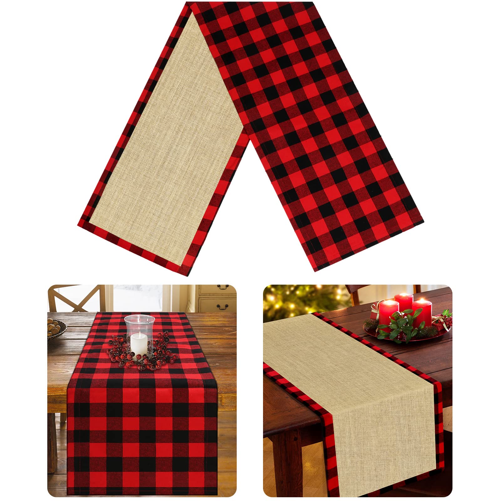 OurWarm Cotton Burlap Buffalo Plaid Table Runner, Christmas Reversible Red and Black Checkered Table Runners for Holiday Christmas Table Decorations, 14 x 72 Inch