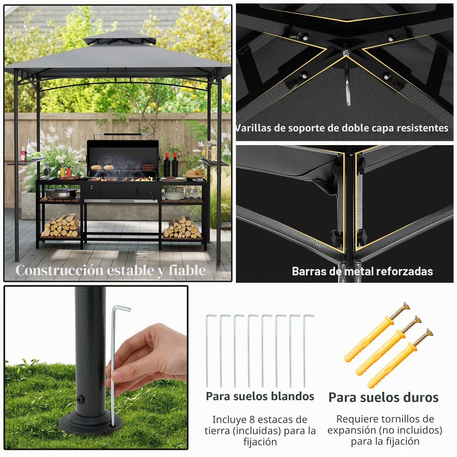 HOMASIS Cenador para Barbacoa con Techo Lateral, Pérgola de Jardín con Doble Techo, 2 Mesas y Ganchos, Carpa Cargada Exterior, Toldo Pergola para Parrilla (Gris + Negro, 242x150x250cm)