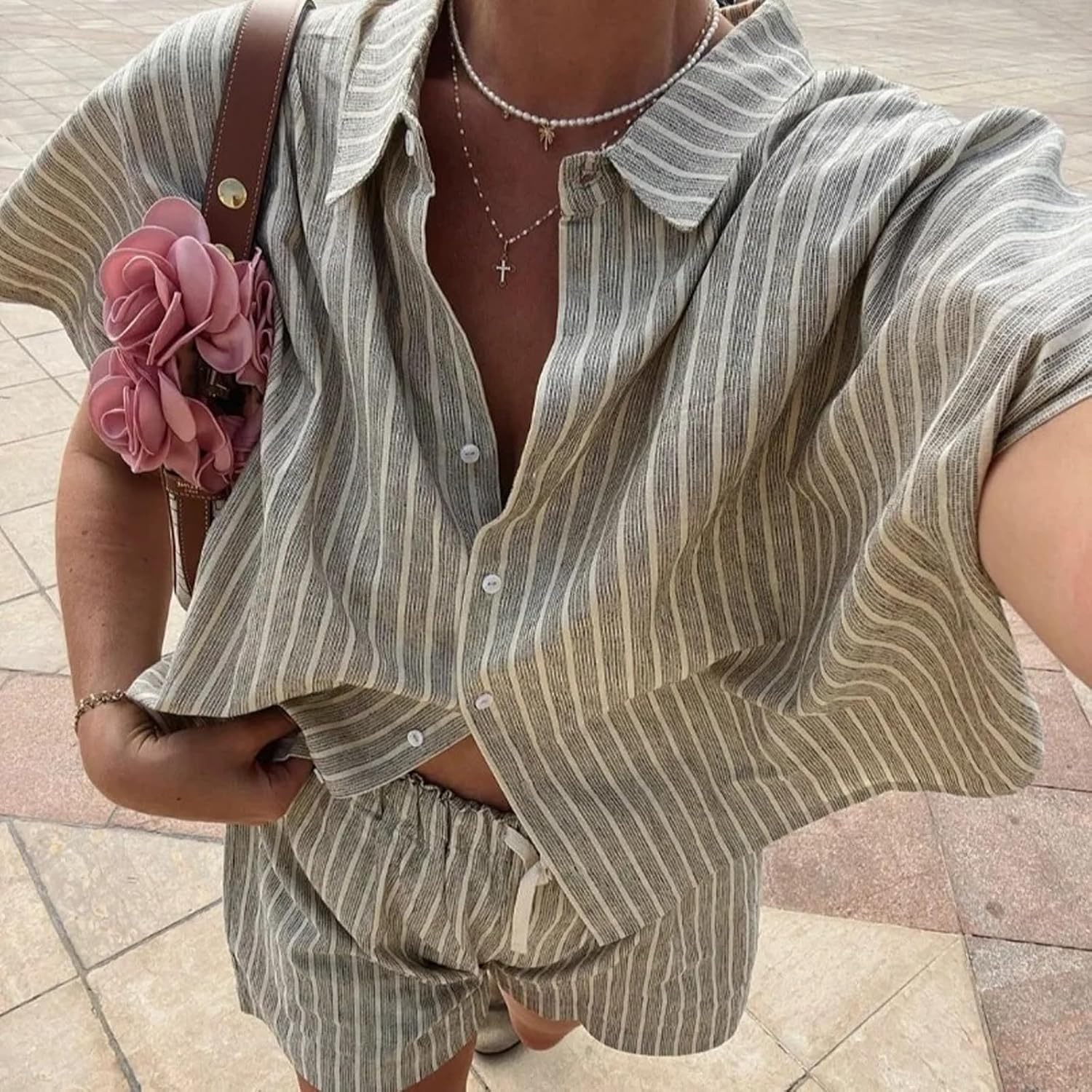 Women Striped 2 Piece Set Oversized Half Sleeves Button Down Shirt and Drawstring Shorts Summer Vacation Outfits - Image 5