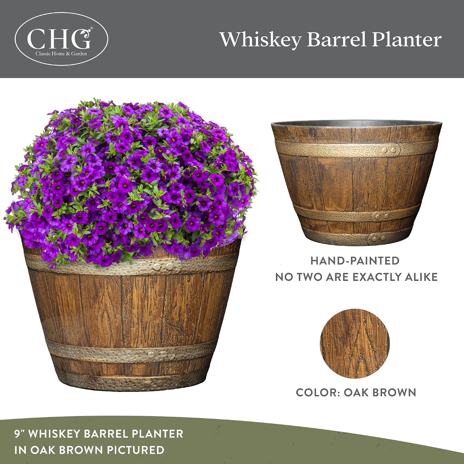 Classic Home and Garden Outdoor Whiskey Resin Flower Pot Barrel Planter, Oak Brown, 15" (Pack of 3)