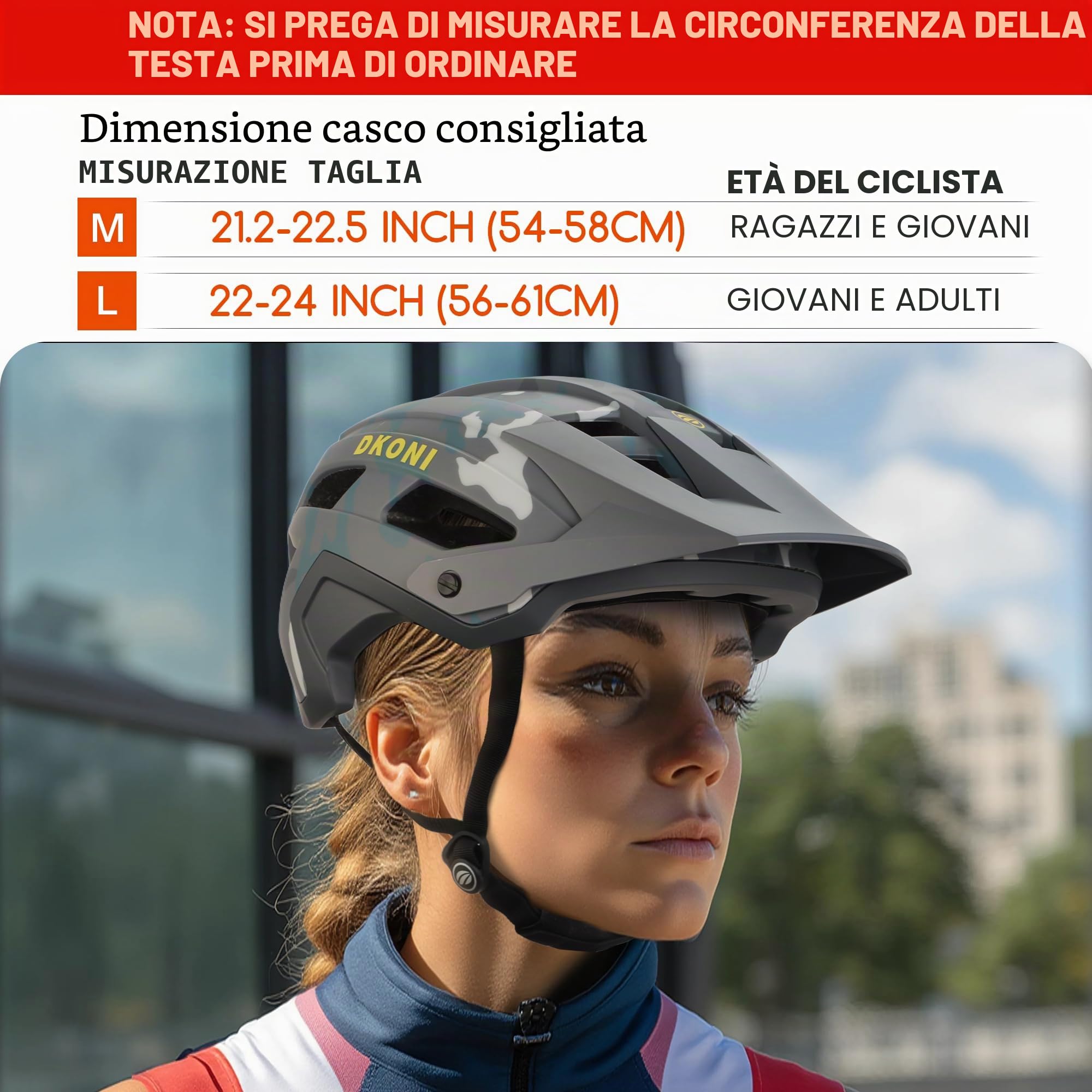 DKONI Casco da mountain bike leggero e traspirante, con visiera, calotta in policarbonato e cinturino regolabile, unisex per adulti